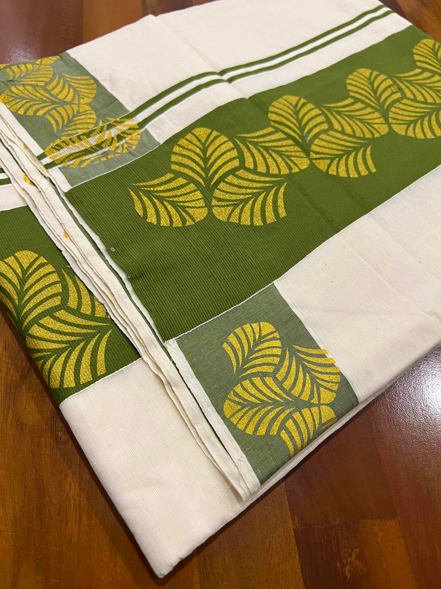 Off White Pure Cotton Kerala Saree with Block Prints on Green Border