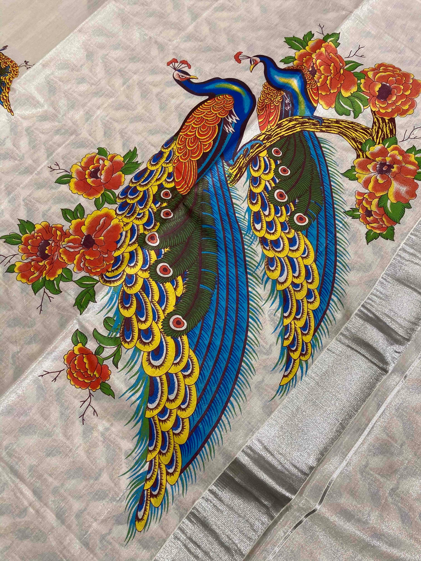 Kerala Silver Tissue Kasavu Saree With Mural Peacock Design (with Printed Design Blouse)