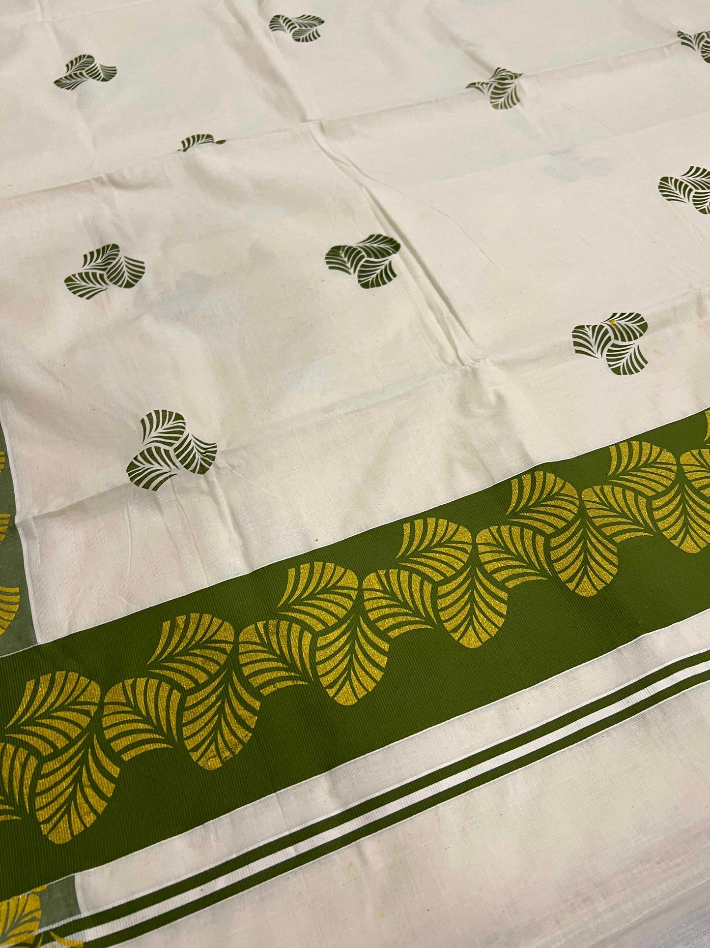 Off White Pure Cotton Kerala Saree with Block Prints on Green Border