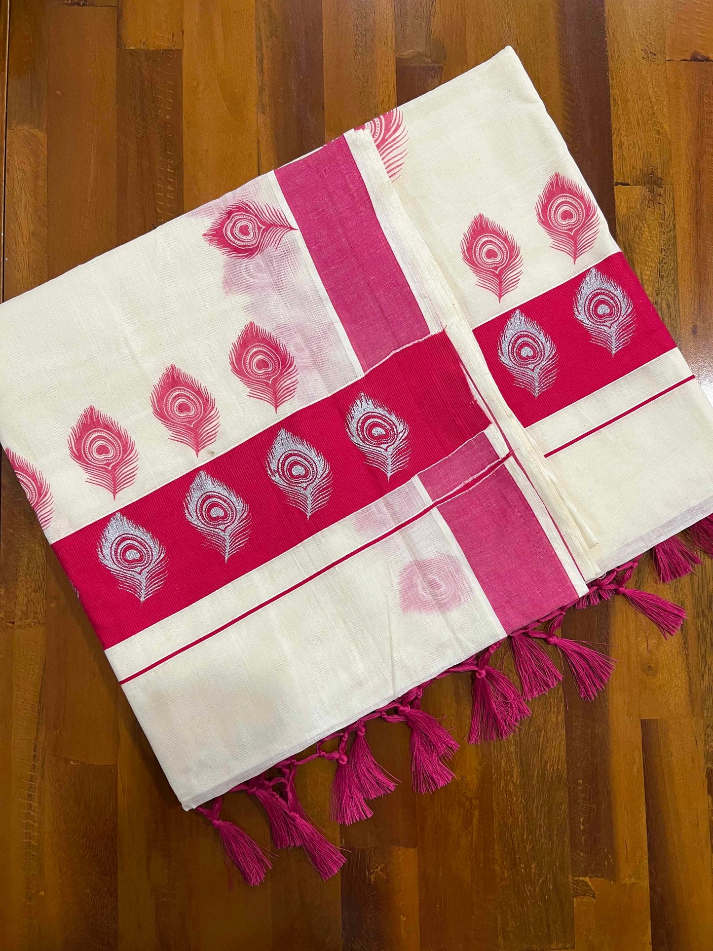 Off White Pure Cotton Kerala Saree with Peacock Feather Block Prints on Dark Pink Border and Tassels on Pallu
