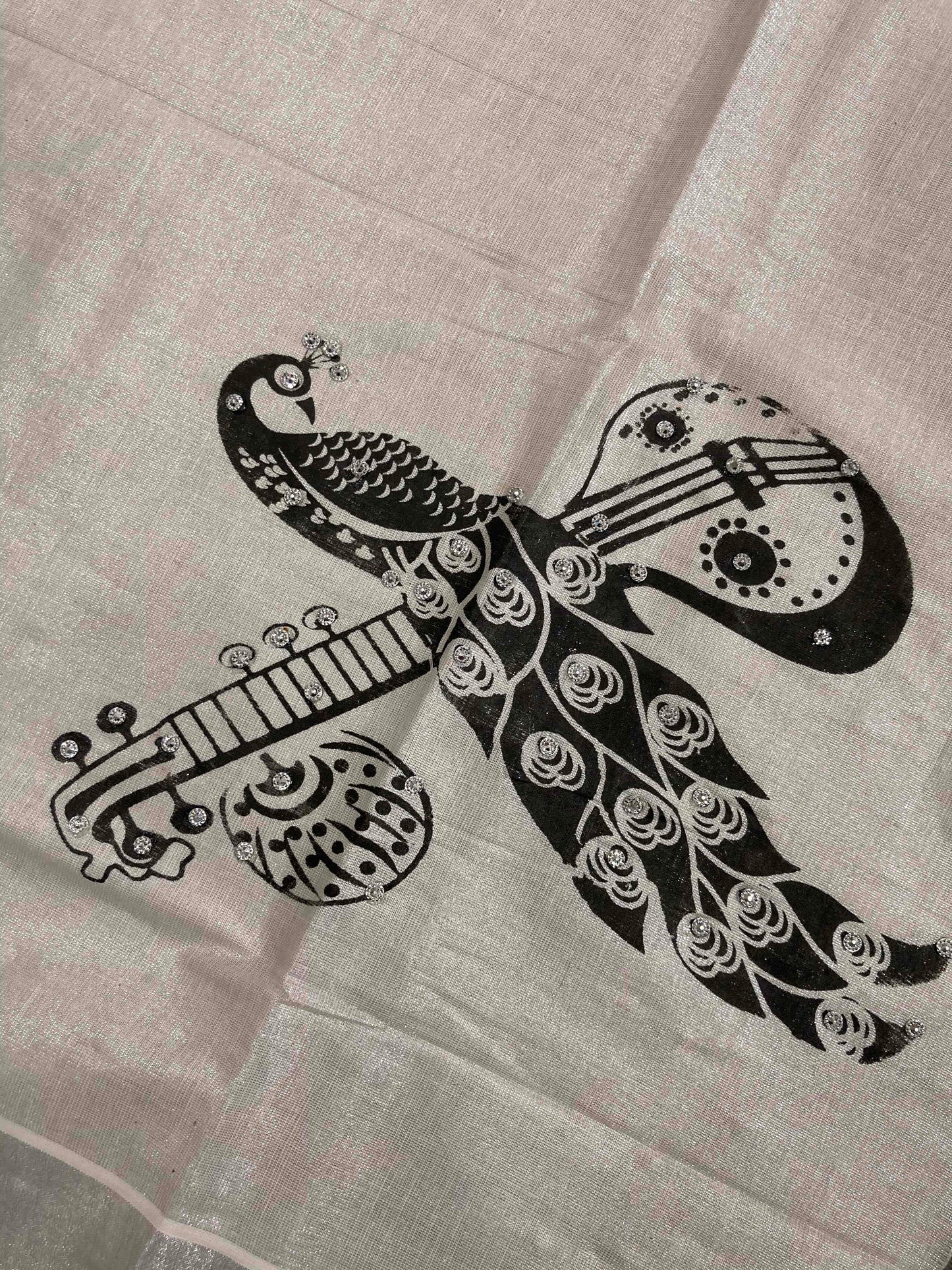 Kerala Silver Tissue Kasavu Saree With Mural Peacock Bead Work