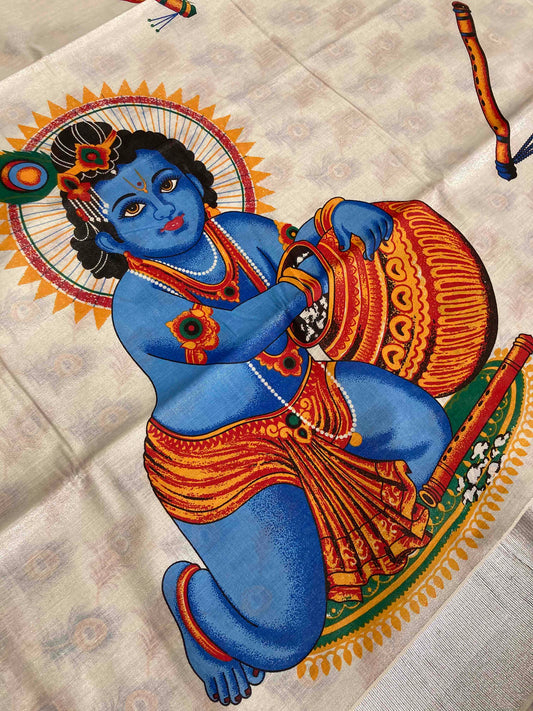 Kerala Silver Tissue Kasavu Saree With Mural Baby Krishna Design (with Printed Design Blouse)