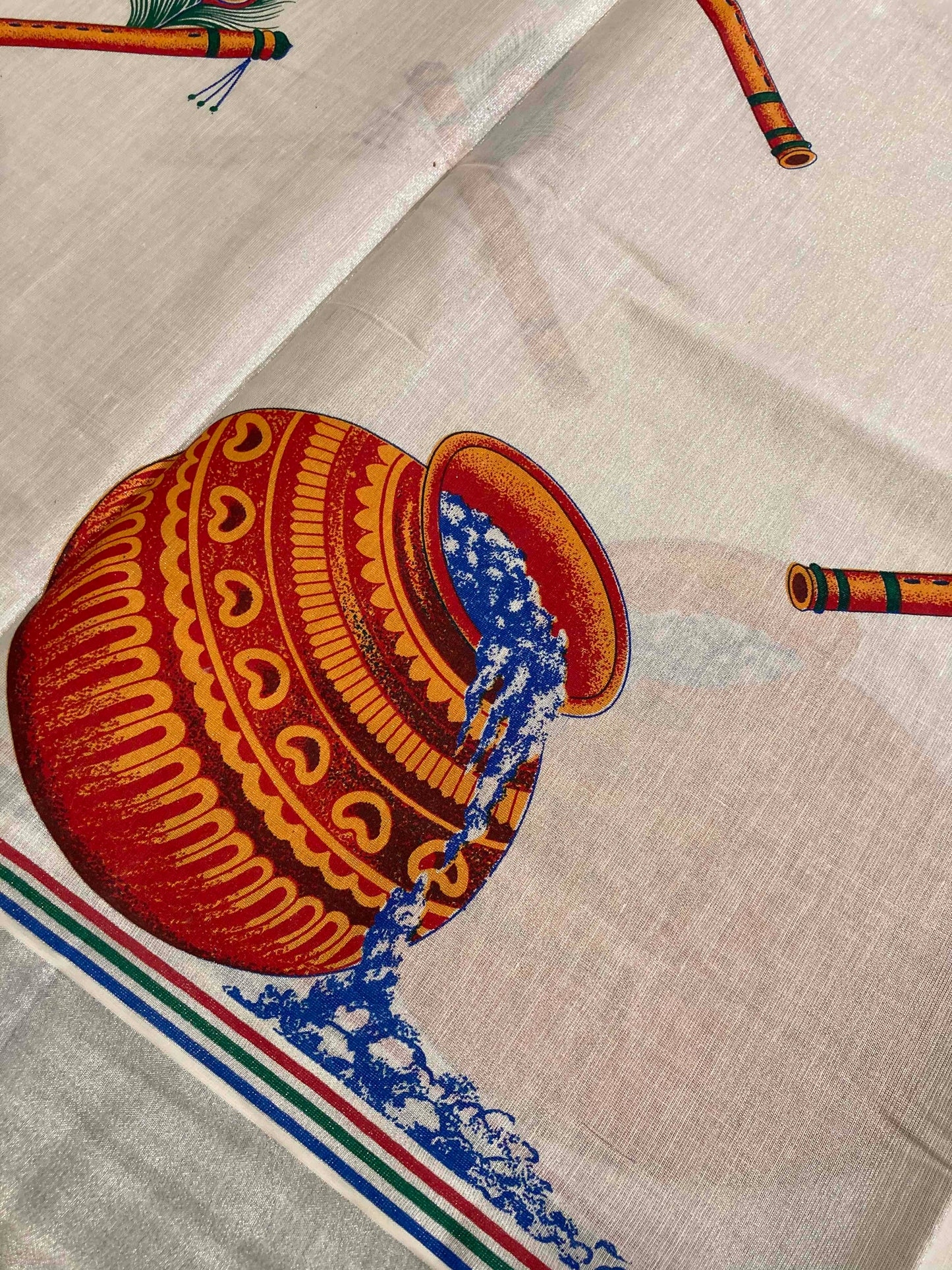 Kerala Silver Tissue Kasavu Saree With Mural Baby Krishna Design (with Printed Design Blouse)