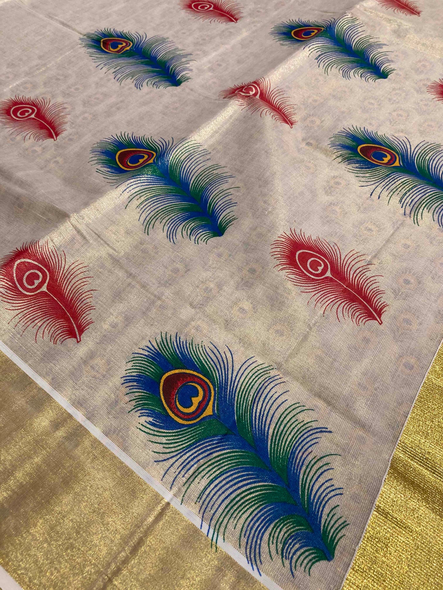 Kerala Tissue Kasavu Saree With Mural Peacock Feather Design (with Printed Design Blouse)