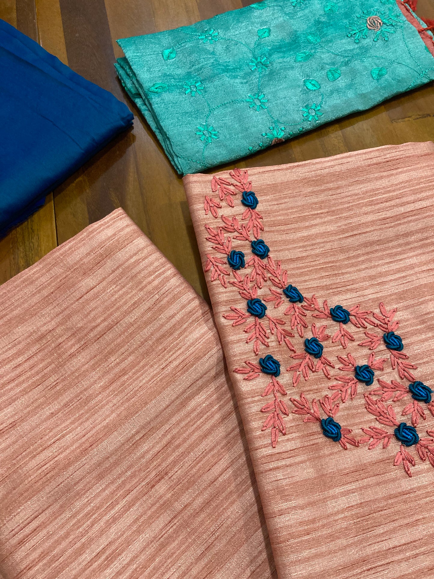 Southloom™ Semi Jute Churidar Salwar Suit Material in Peach with Floral Thread work in Yoke Portion
