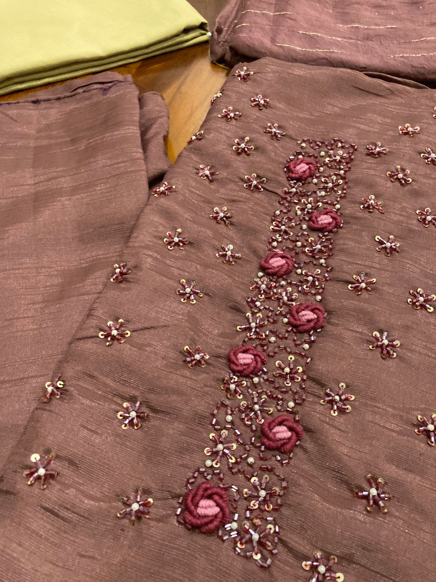 Southloom™ Semi Tussar Churidar Salwar Suit Material in Brown with Bead and Thread work in Yoke Portion