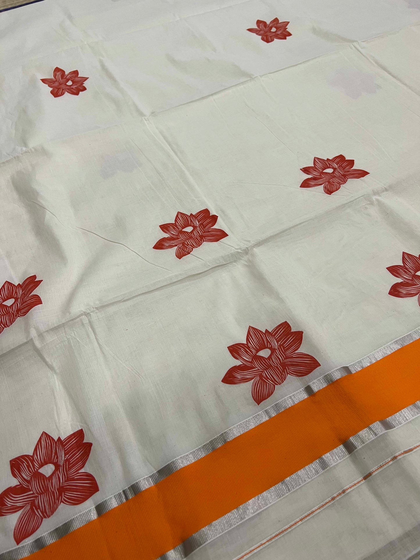 Kerala Pure Cotton Silver Kasavu Saree with Mural Printed Floral Orange Border