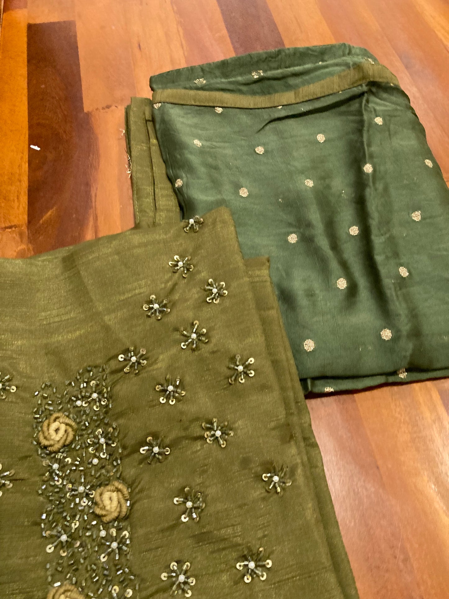 Southloom™ Semi Tussar Churidar Salwar Suit Material in Dark Green with Bead and Thread work in Yoke Portion