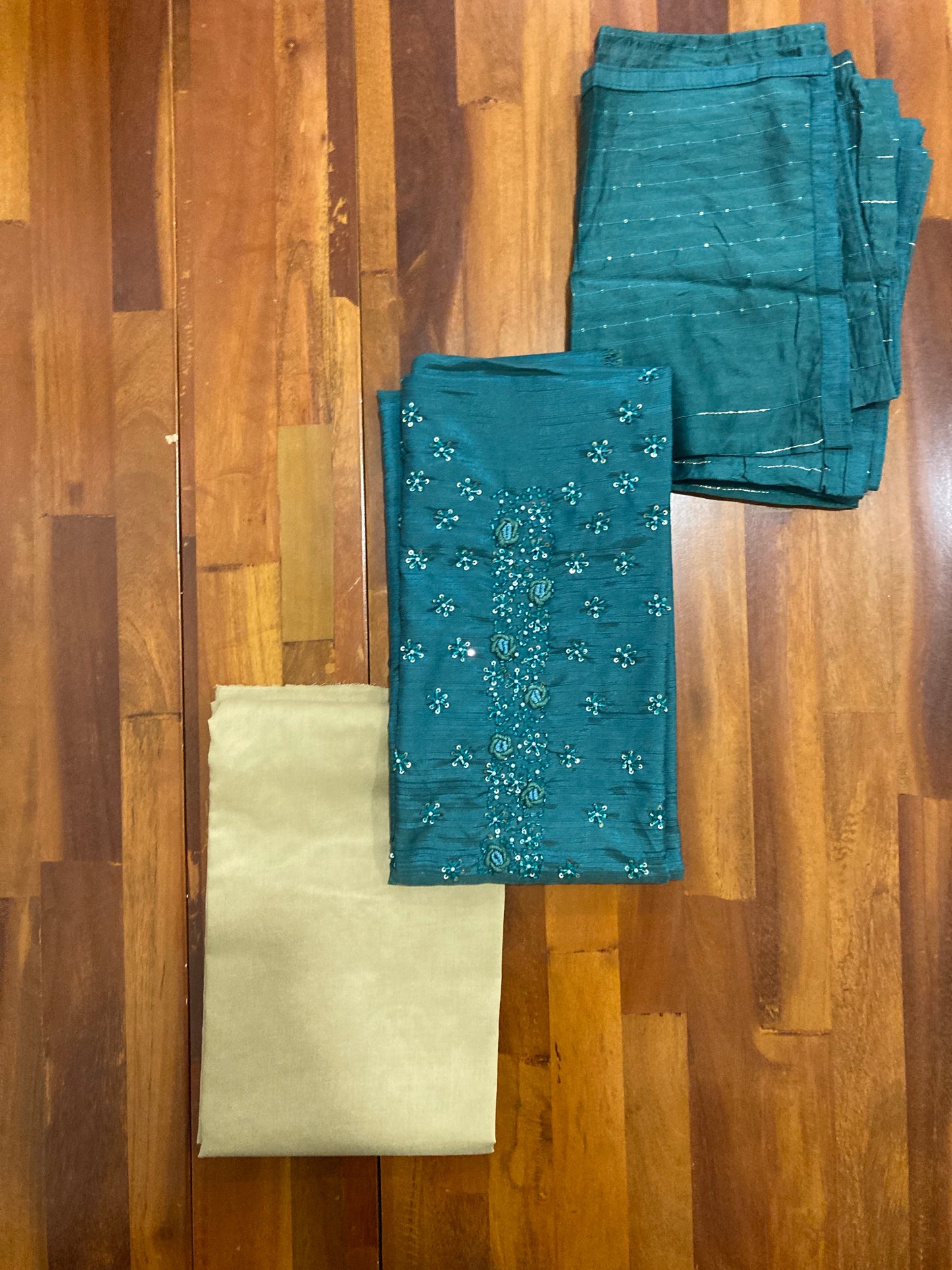 Southloom™ Semi Tussar Churidar Salwar Suit Material in Teal Blue with Bead and Thread work in Yoke Portion