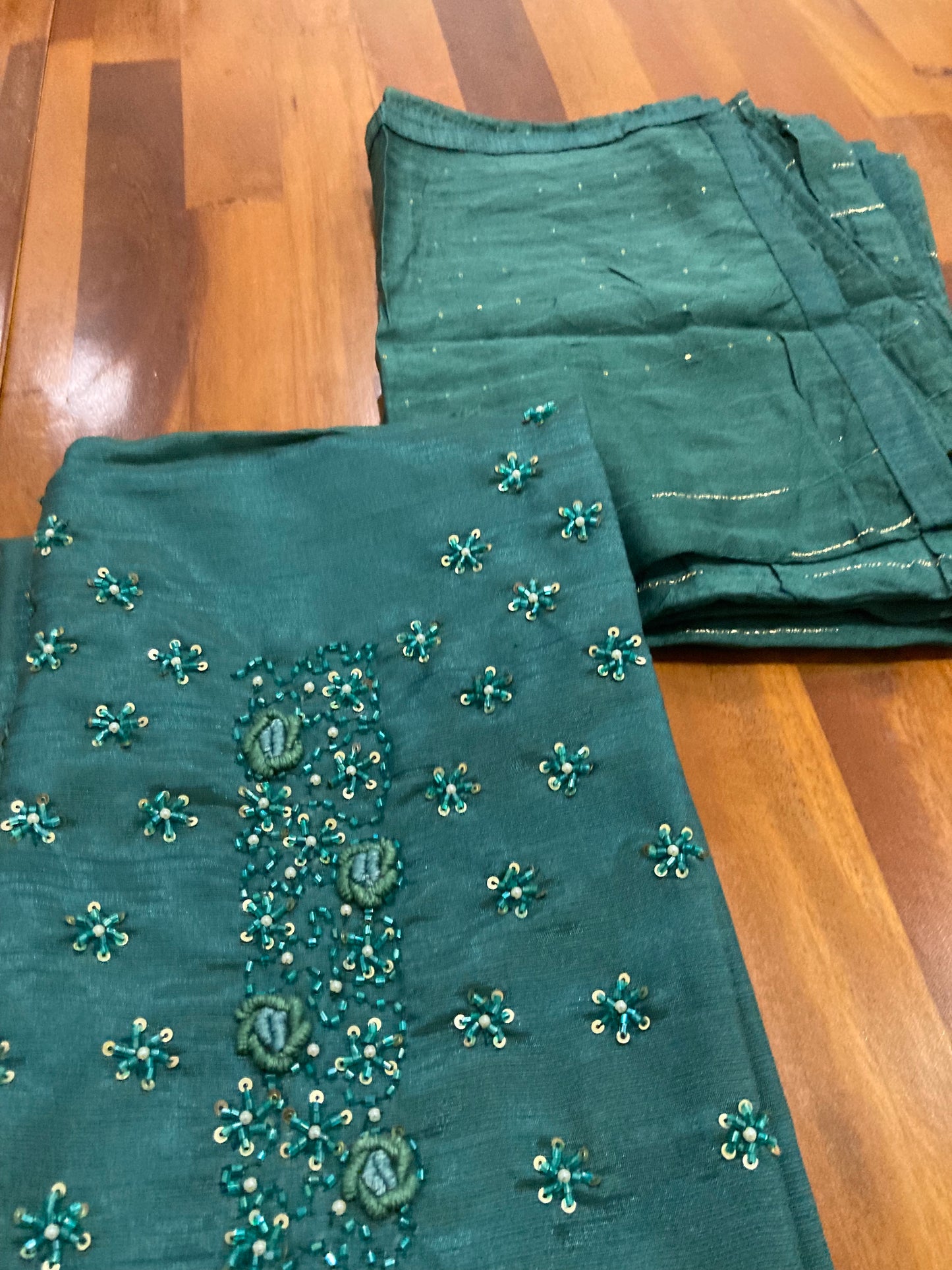 Southloom™ Semi Tussar Churidar Salwar Suit Material in Teal Blue with Bead and Thread work in Yoke Portion