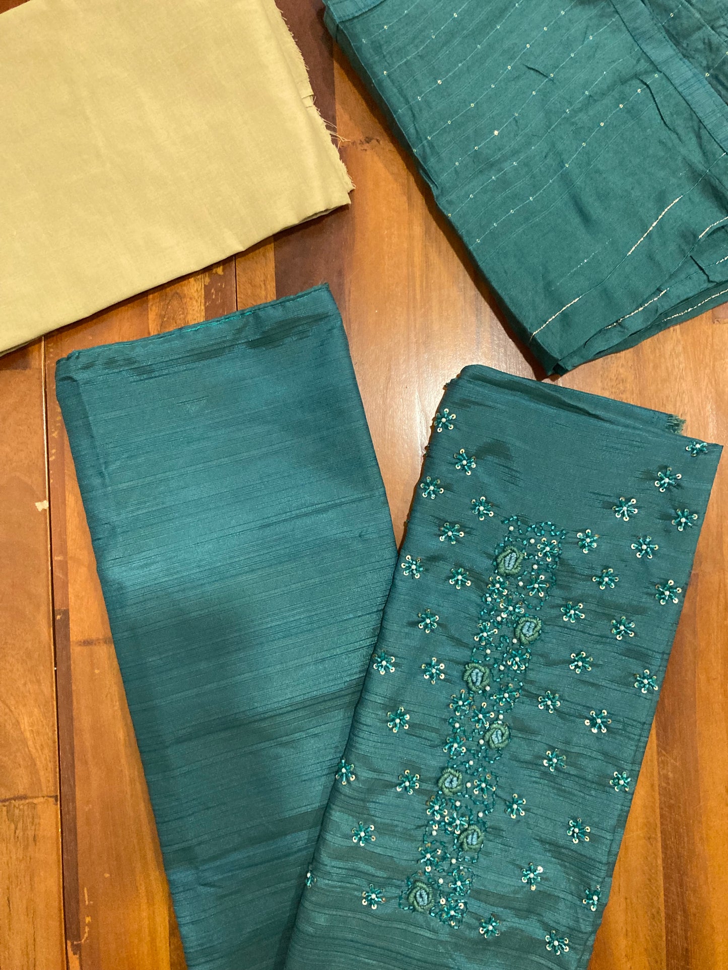 Southloom™ Semi Tussar Churidar Salwar Suit Material in Teal Blue with Bead and Thread work in Yoke Portion