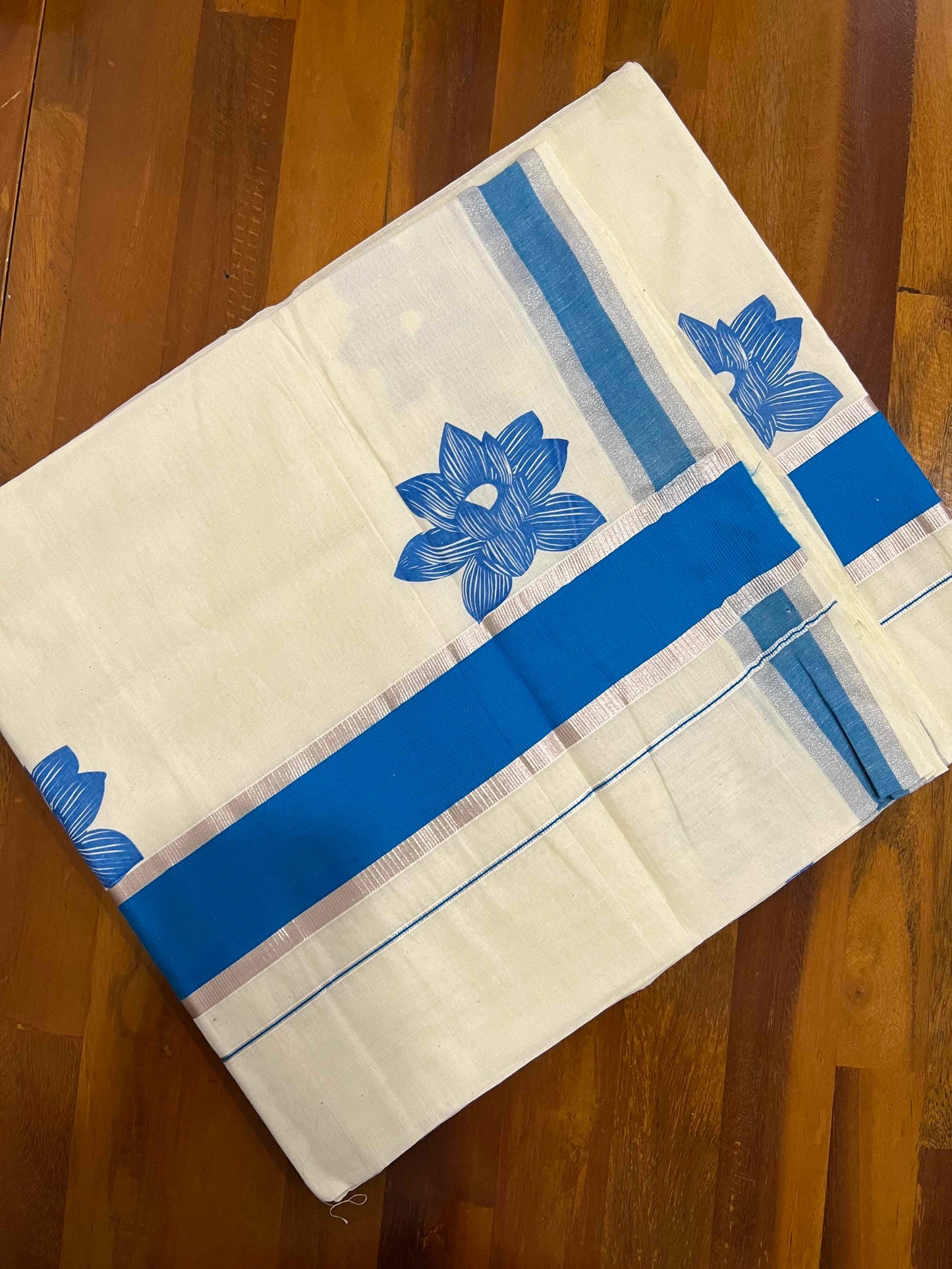 Kerala Pure Cotton Silver Kasavu Saree with Mural Printed Floral Blue Border