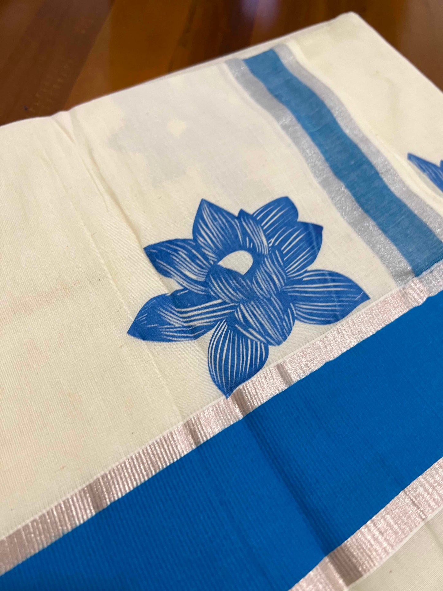 Kerala Pure Cotton Silver Kasavu Saree with Mural Printed Floral Blue Border