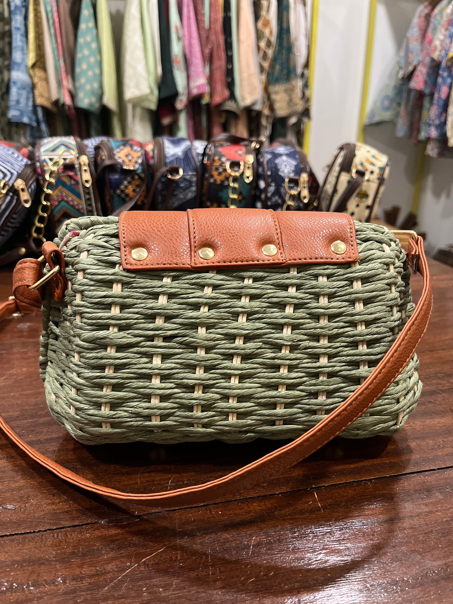 Southloom™ Handmade Green Mini Sling Handbag with Leatherette Works