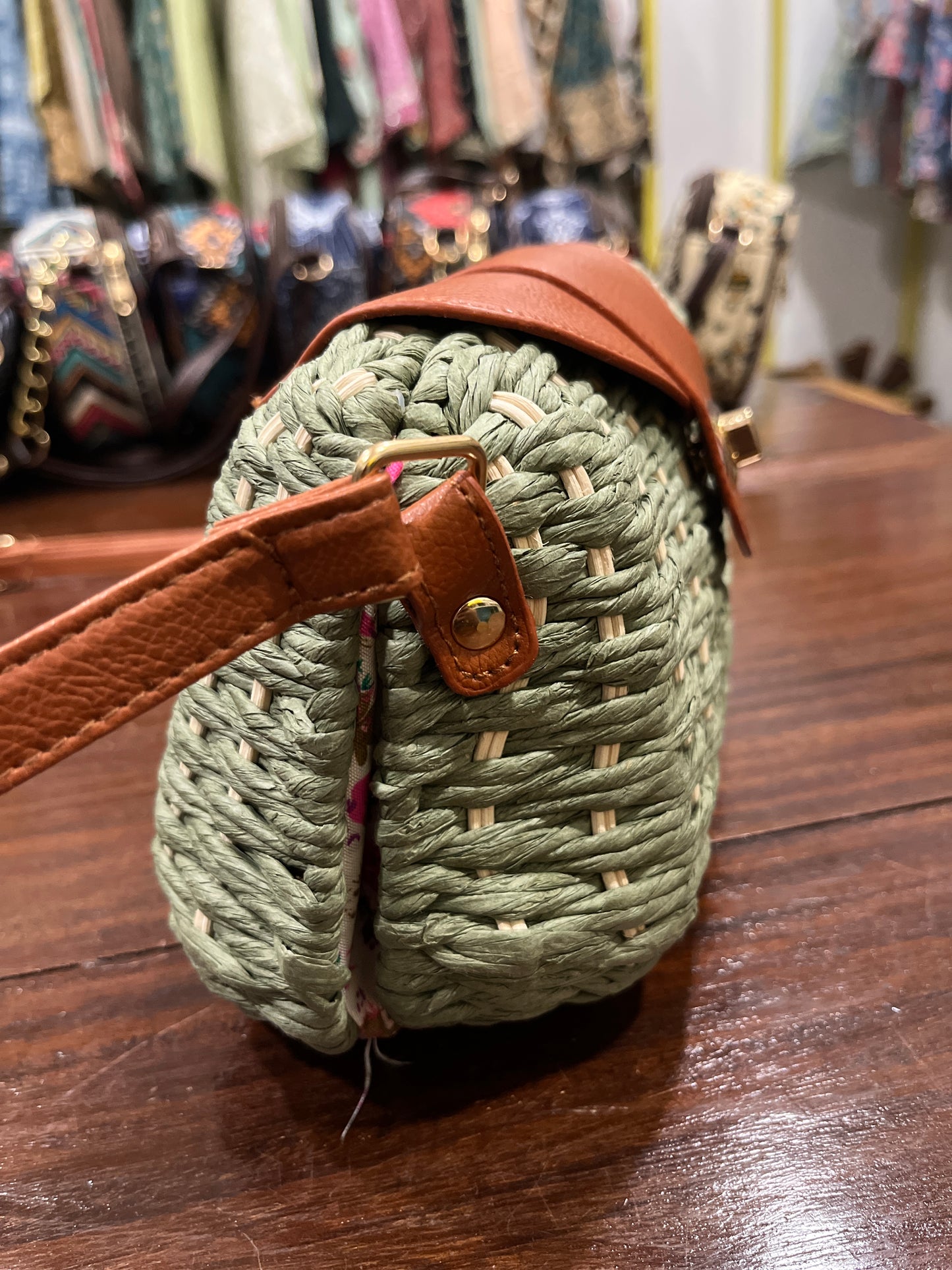 Southloom™ Handmade Green Mini Sling Handbag with Leatherette Works