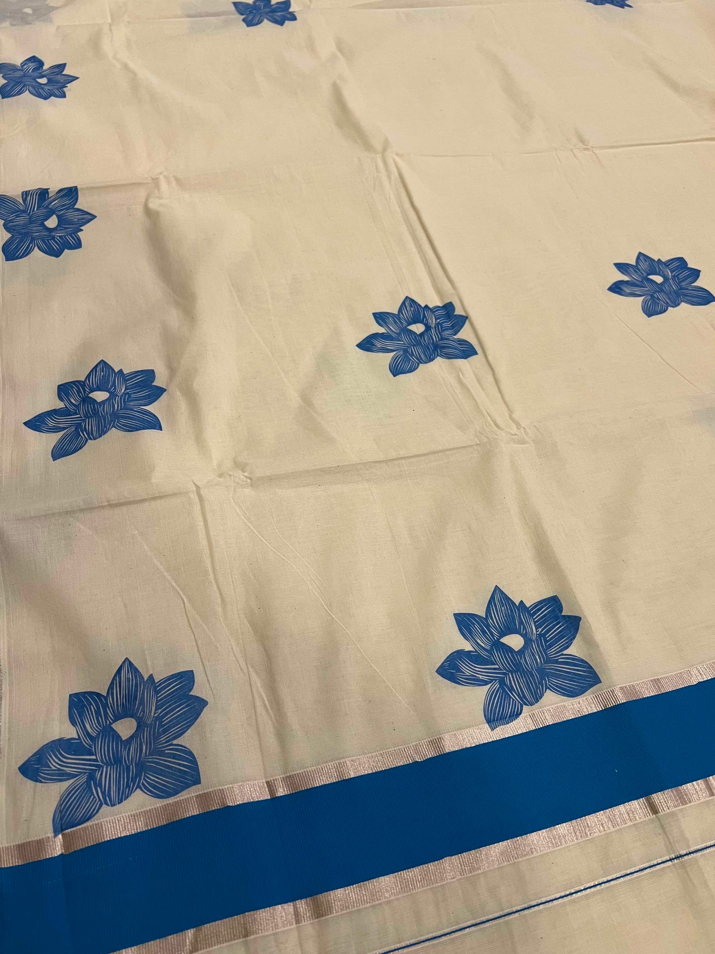 Kerala Pure Cotton Silver Kasavu Saree with Mural Printed Floral Blue Border