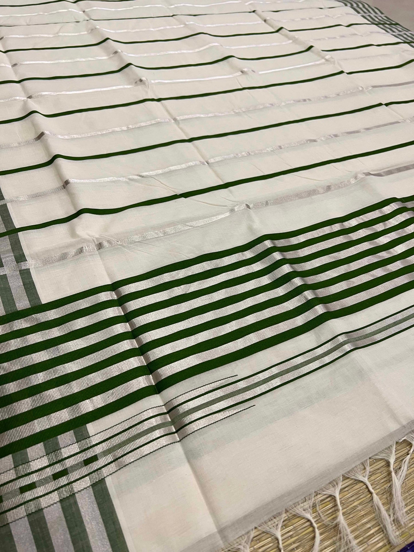 Southloom Premium Handloom Saree with Silver Kasavu and Green Lines Across Body and Lines Design Pallu