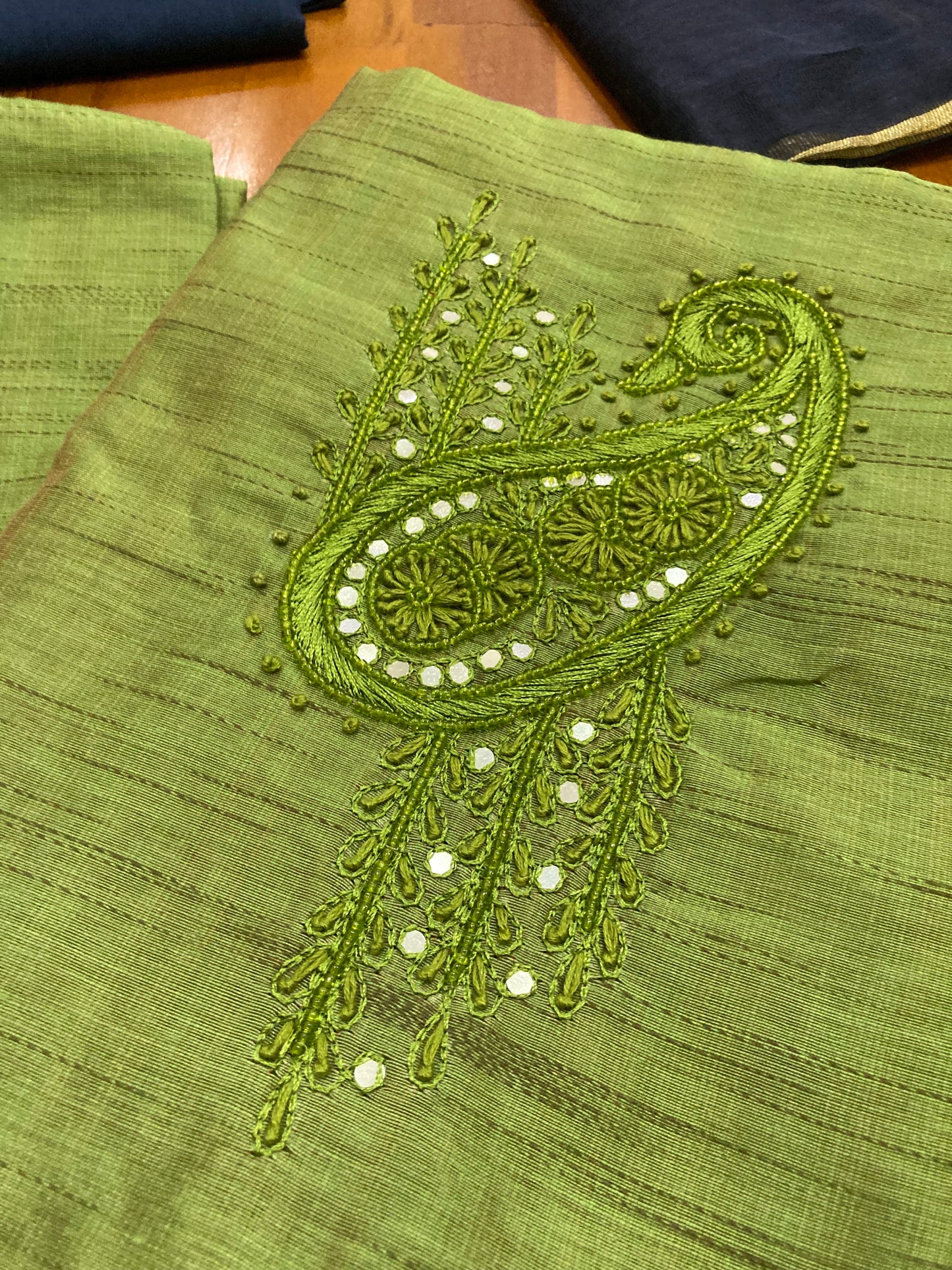 Southloom™ Semi Jute Churidar Salwar Suit Material in Green with Thread and Mirror work in Yoke Portion