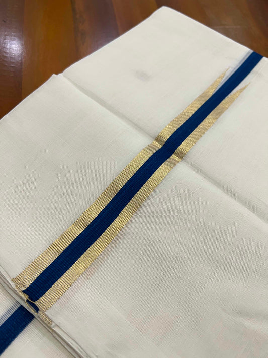 Southloom Premium Handloom Kasavu Chutti Double Mundu (South Indian Dhoti) with Teal Blue Border