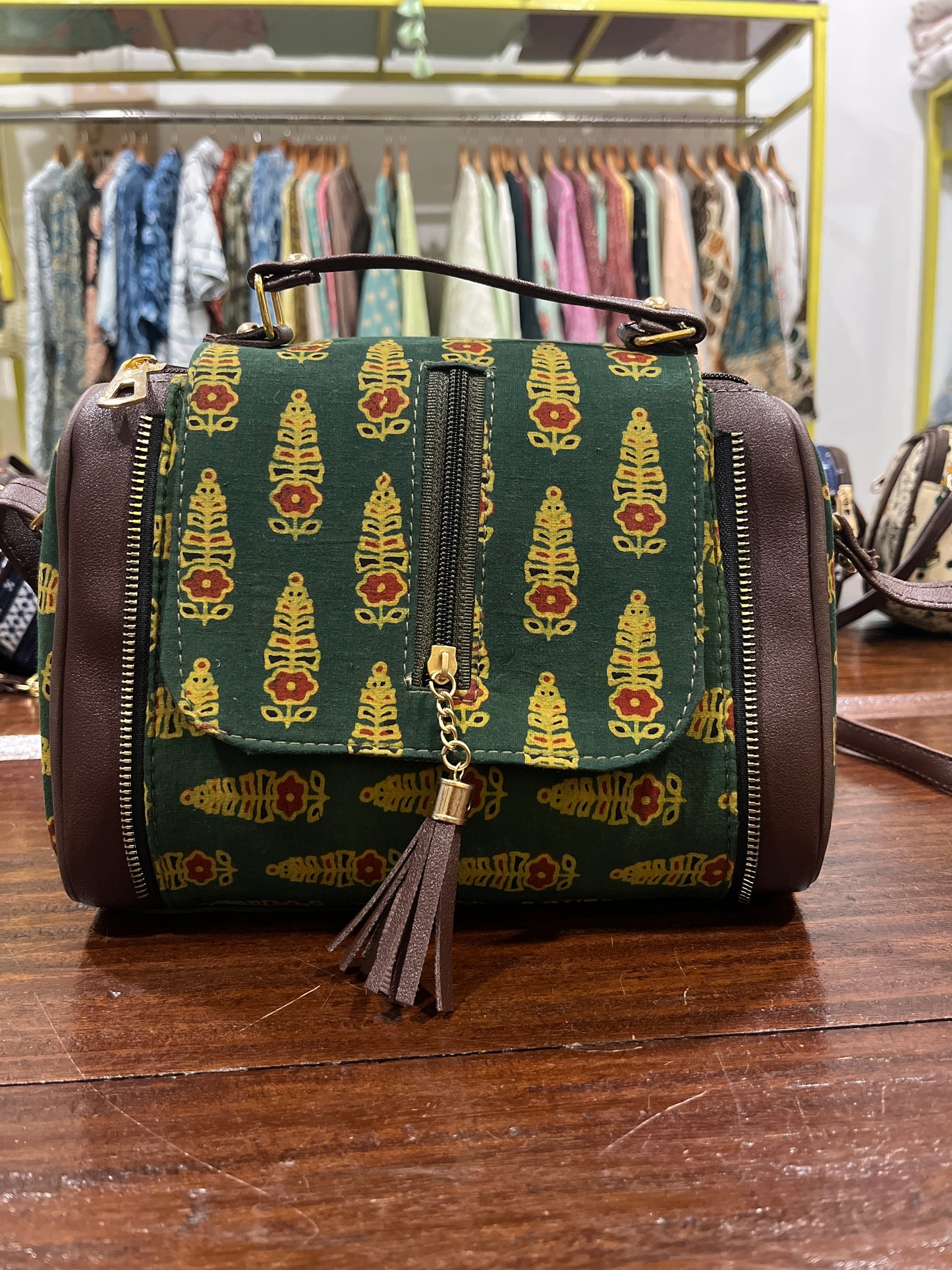 Southloom™ Handmade Green Printed Mini Sling Handbag