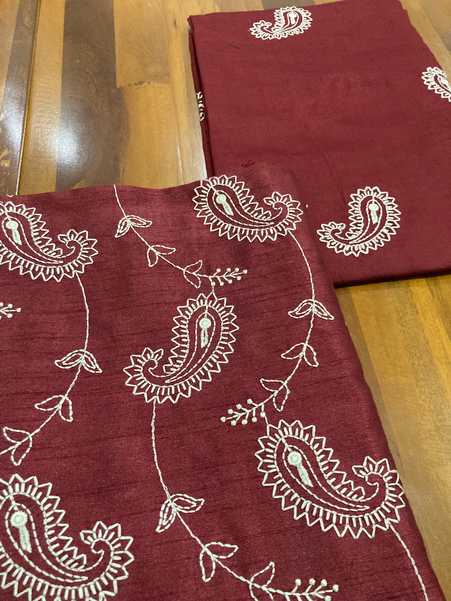 Southloom™ Semi Jute Churidar Salwar Suit Material with Dark Red Paisley Design Thread work