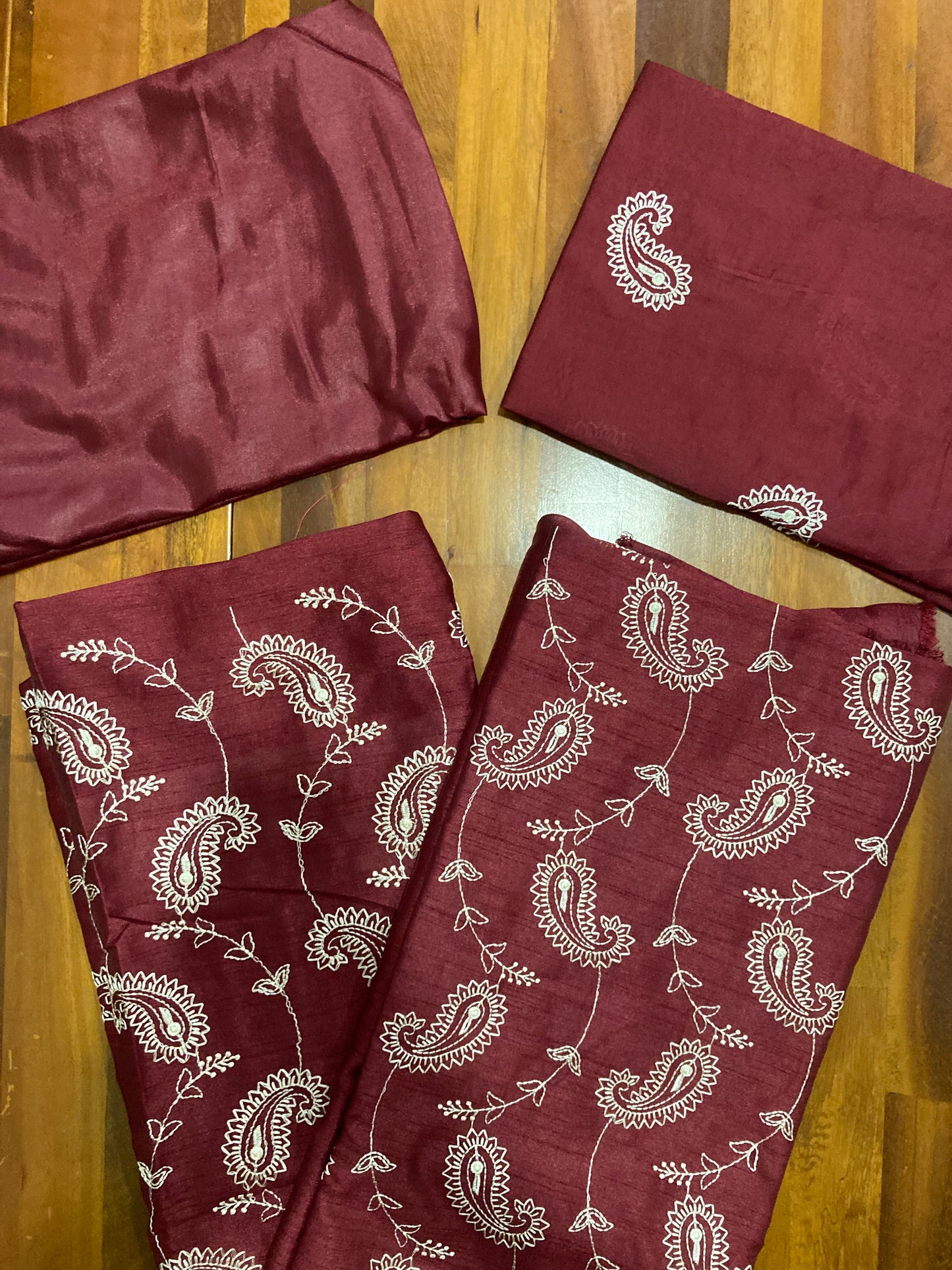 Southloom™ Semi Jute Churidar Salwar Suit Material with Dark Red Paisley Design Thread work