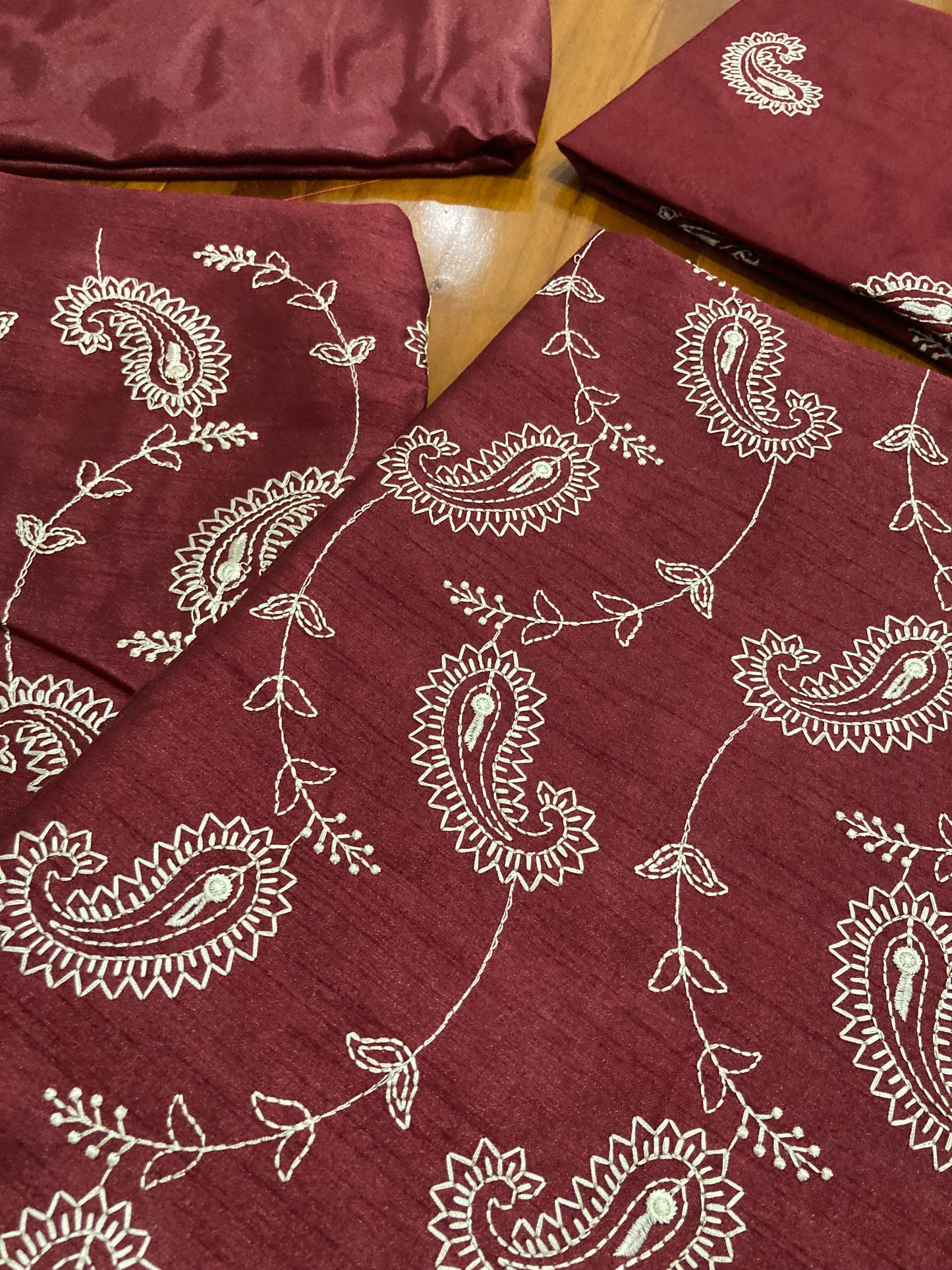 Southloom™ Semi Jute Churidar Salwar Suit Material with Dark Red Paisley Design Thread work