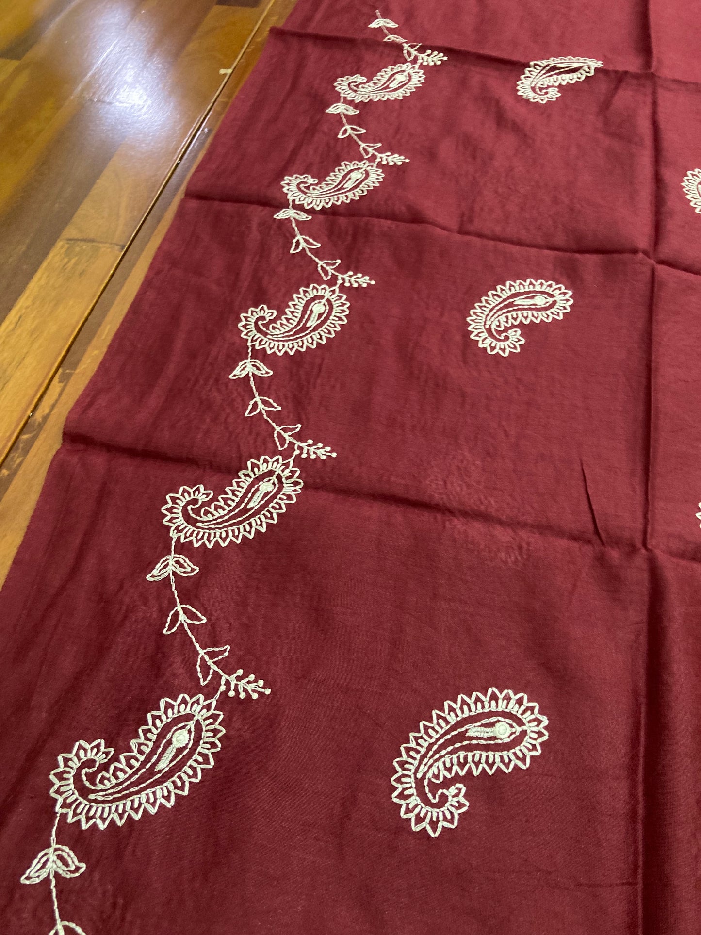 Southloom™ Semi Jute Churidar Salwar Suit Material with Dark Red Paisley Design Thread work