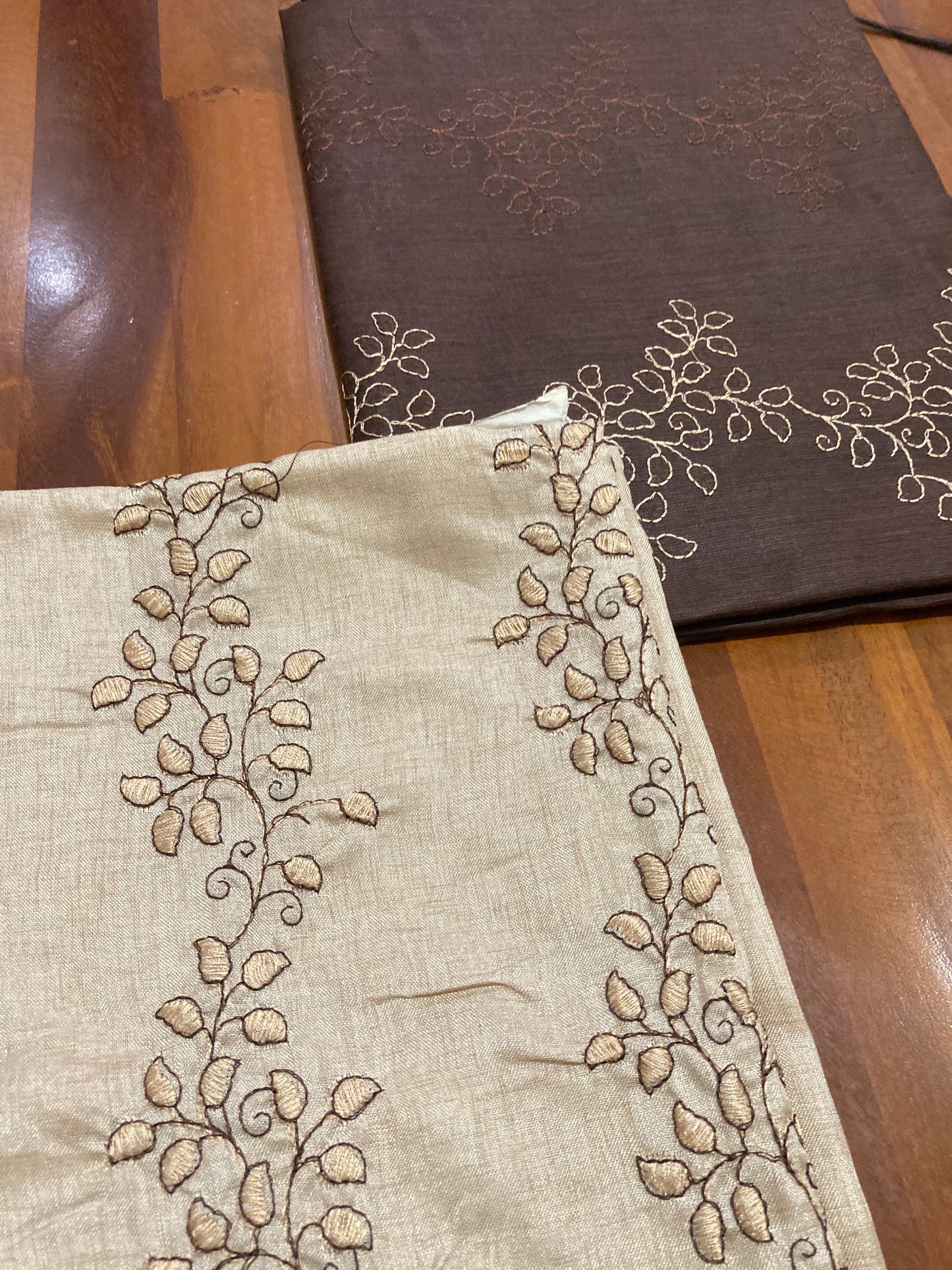 Southloom™ Semi Tussar Churidar Salwar Suit Material with Light Brown Floral Design Thread work