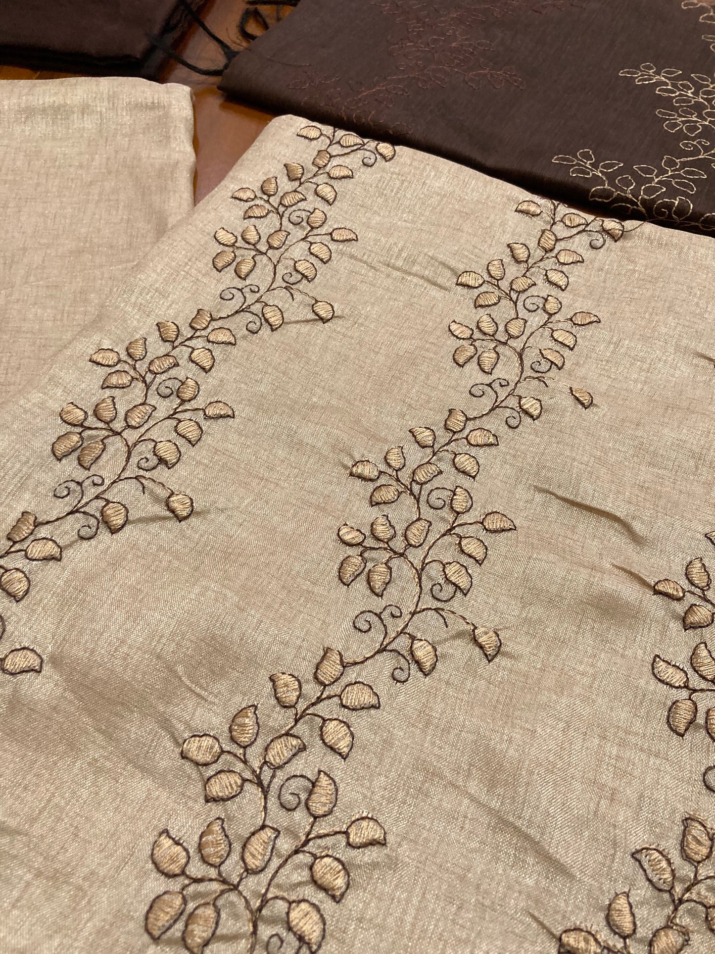 Southloom™ Semi Tussar Churidar Salwar Suit Material with Light Brown Floral Design Thread work