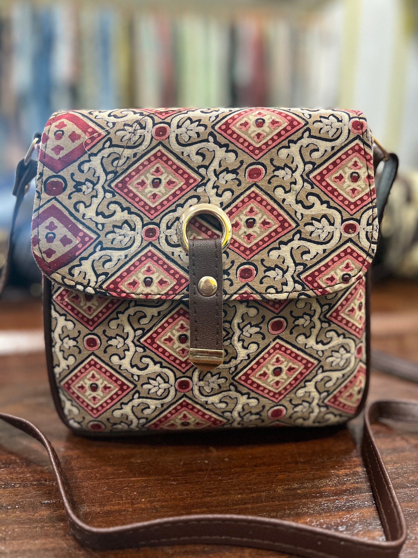 Southloom™ Handmade Red and Brown Printed Mini Sling Handbag