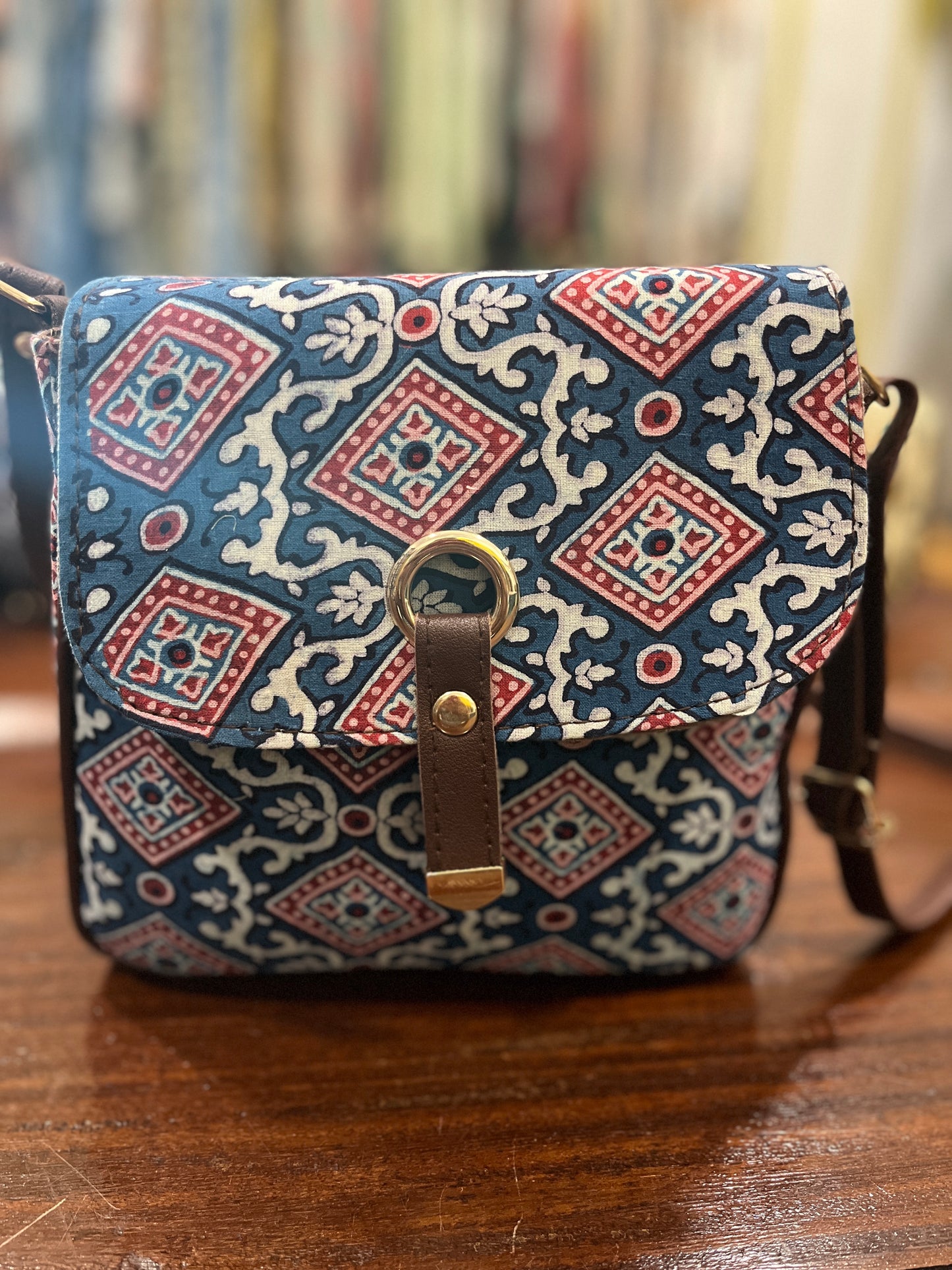 Southloom™ Handmade Blue and Red Printed Mini Sling Handbag