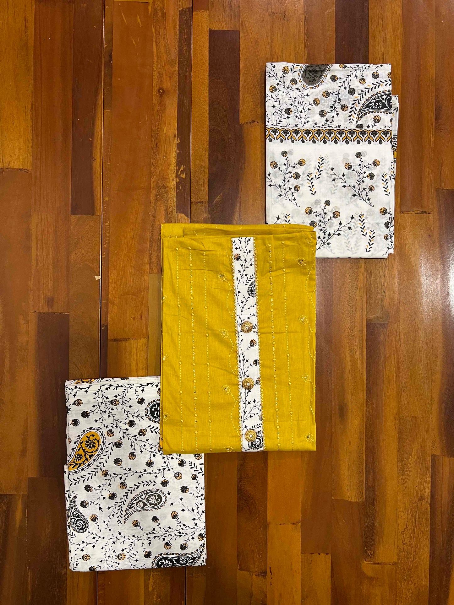 Southloom™ Cotton Churidar Salwar Suit Material in Yellow with Sequins and Thread Work