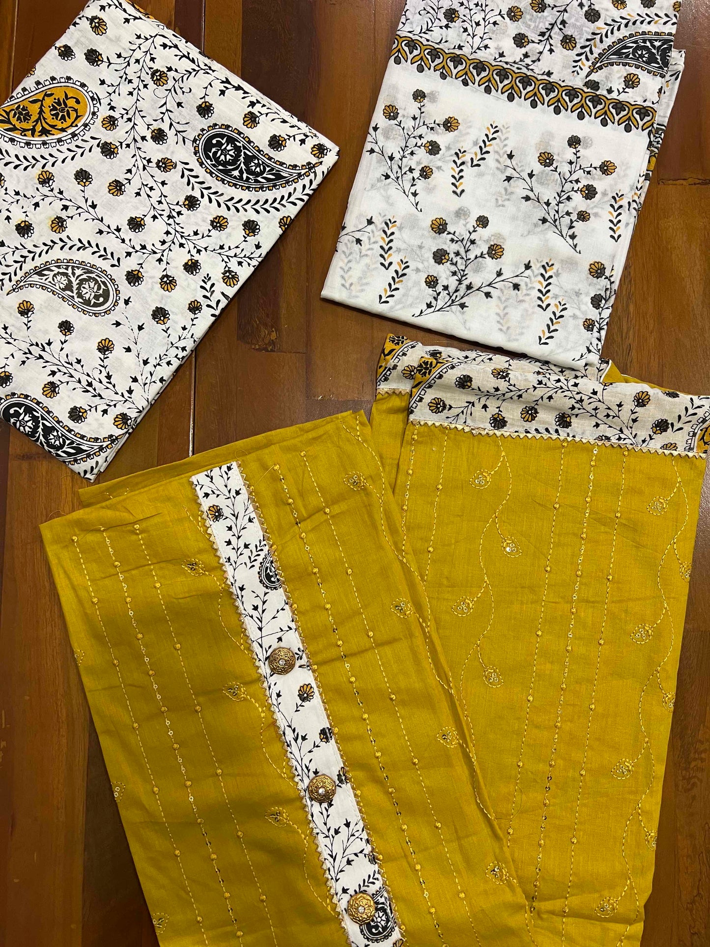 Southloom™ Cotton Churidar Salwar Suit Material in Yellow with Sequins and Thread Work