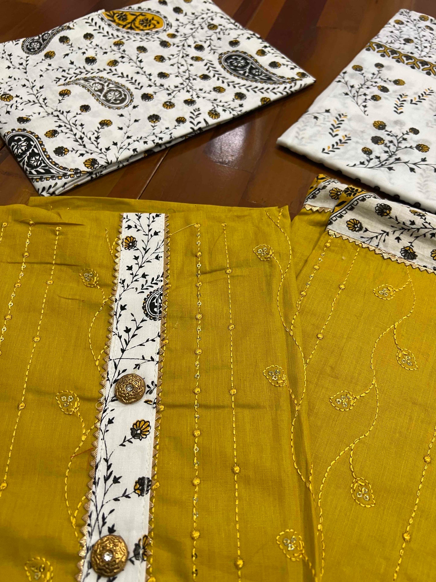 Southloom™ Cotton Churidar Salwar Suit Material in Yellow with Sequins and Thread Work