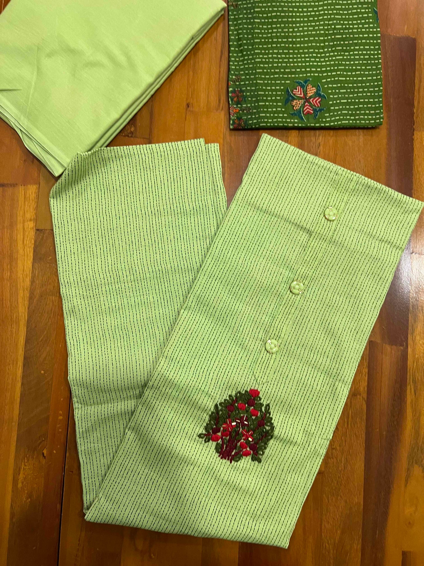 Southloom™ Cotton Churidar Salwar Suit Material in Green with Embroidery