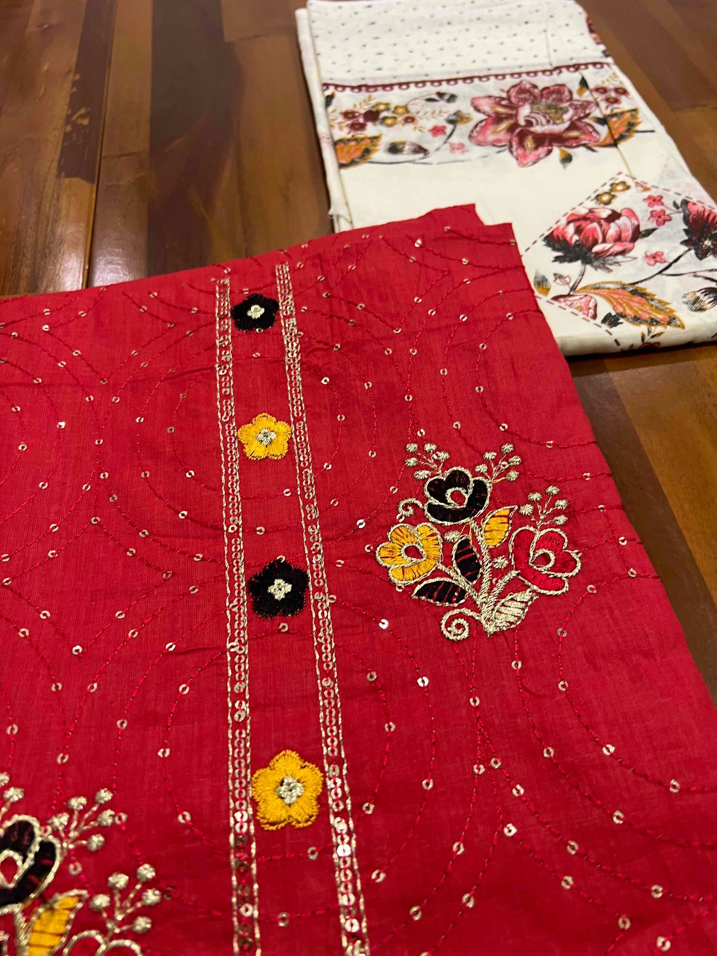 Southloom™ Cotton Churidar Salwar Suit Material in Red with Sequins Work