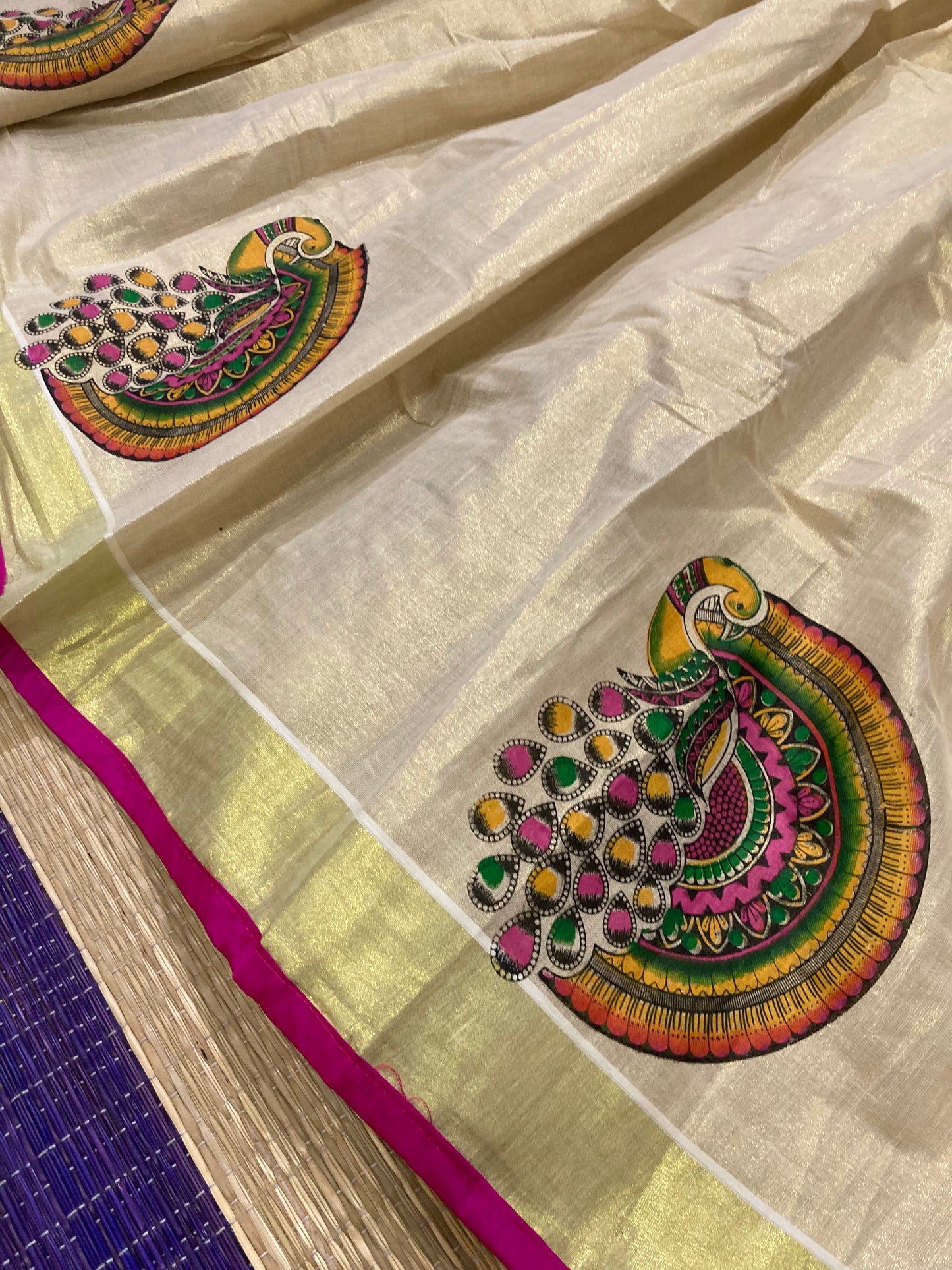 Kerala Tissue Semi Stitched Dhavani Set with Blouse Piece and Neriyathu with Magenta Border and Mural Works