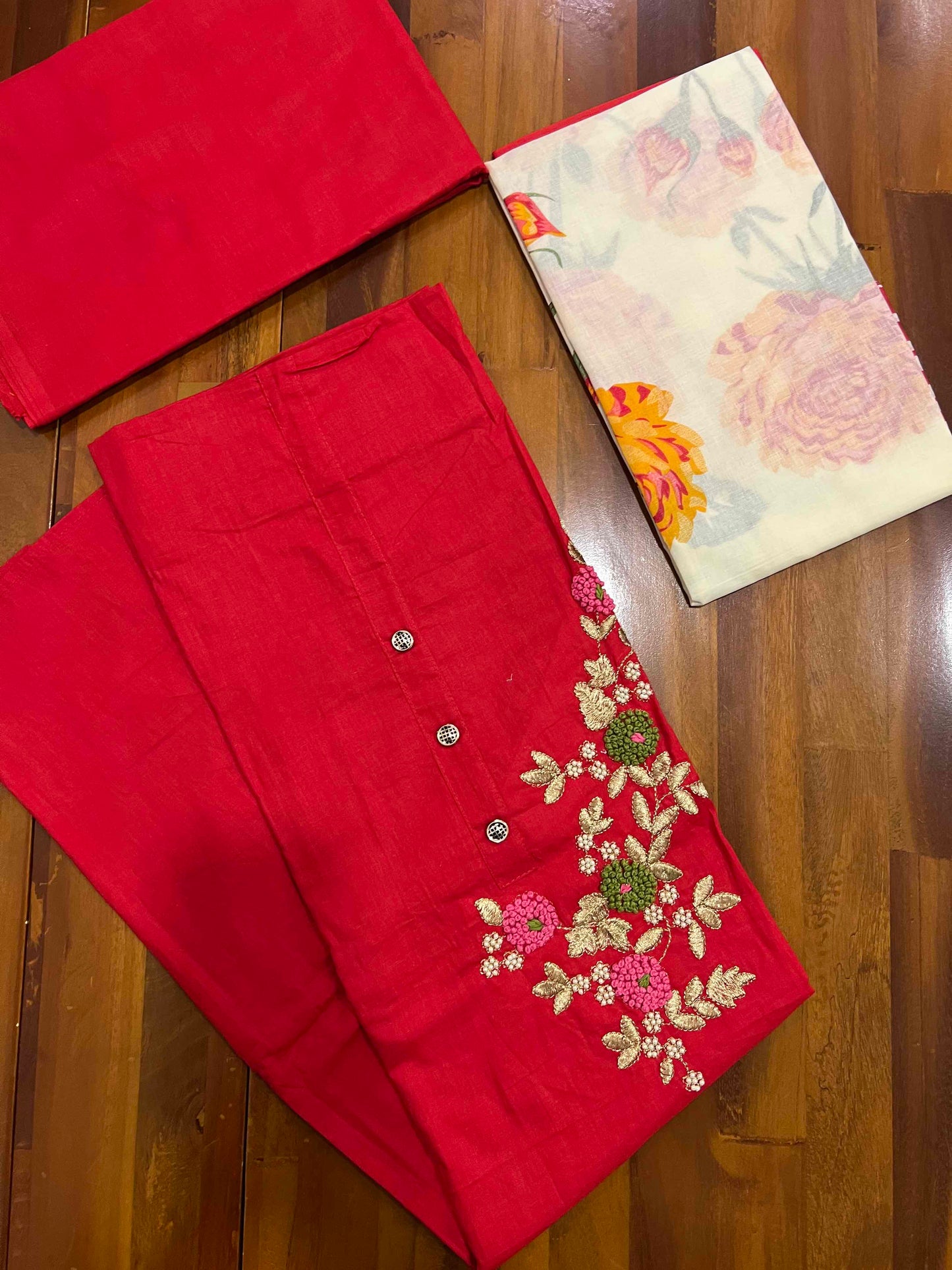 Southloom™ Cotton Churidar Salwar Suit Material in Red with Embroidery