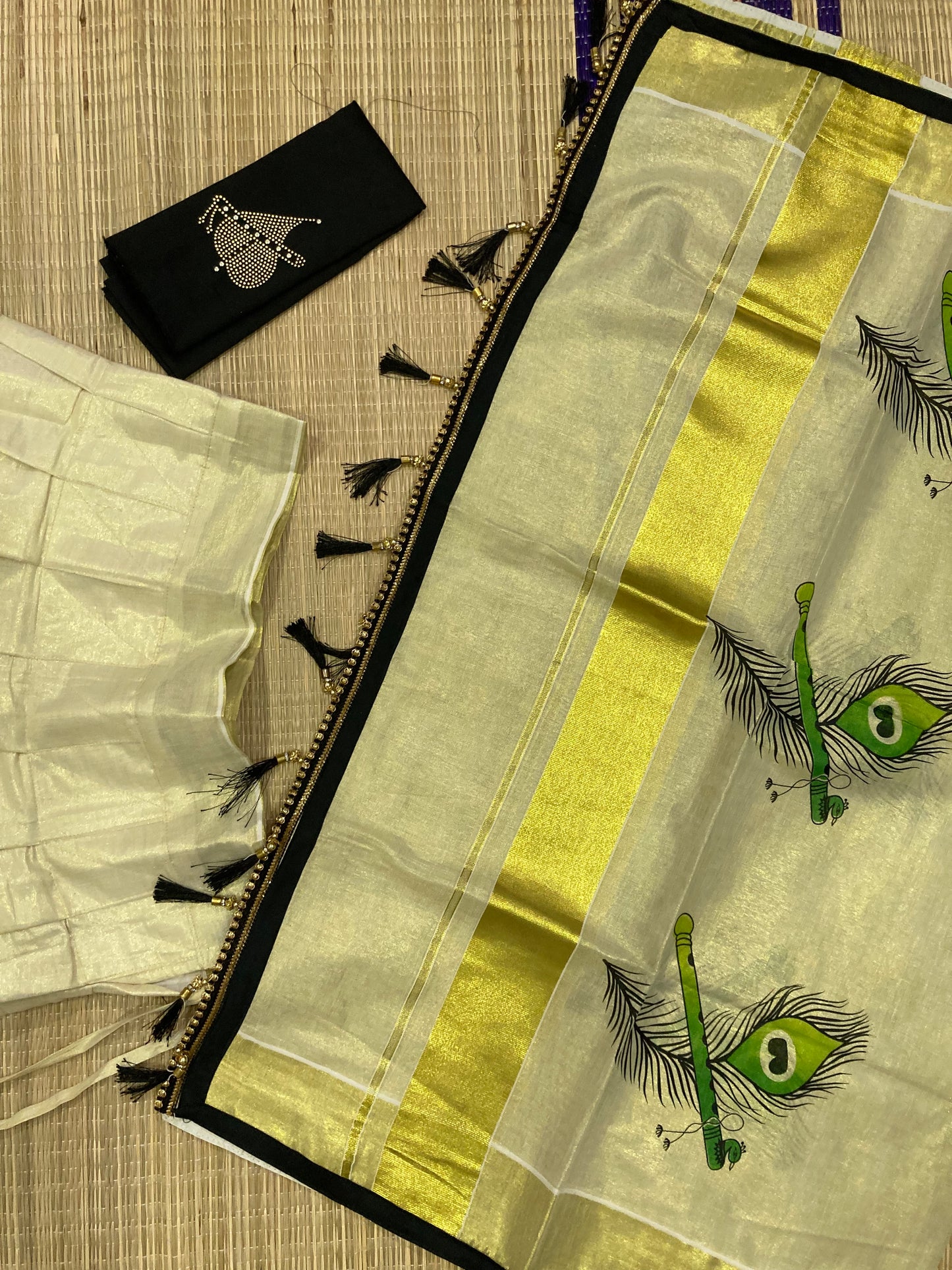Kerala Tissue Semi Stitched Dhavani Set with Black Blouse Piece and Neriyathu with Black Border and Mural Works