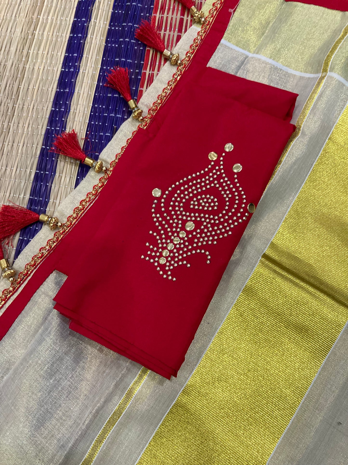 Kerala Tissue Semi Stitched Dhavani Set with Red Blouse Piece and Neriyathu with Red Border and Mural Works