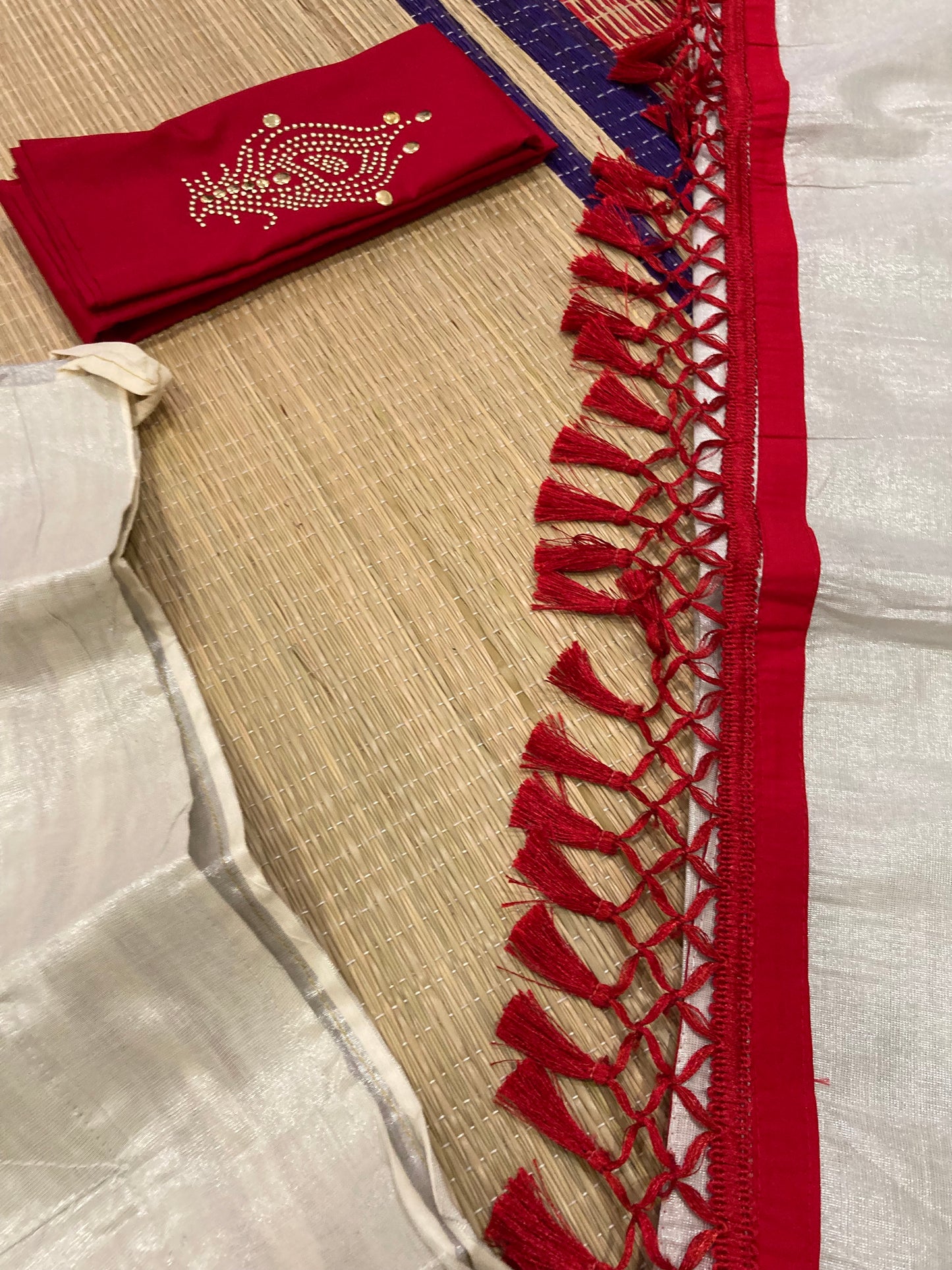 Kerala Silver Tissue Semi Stitched Dhavani Set with Red Blouse Piece and Neriyathu with Red Border