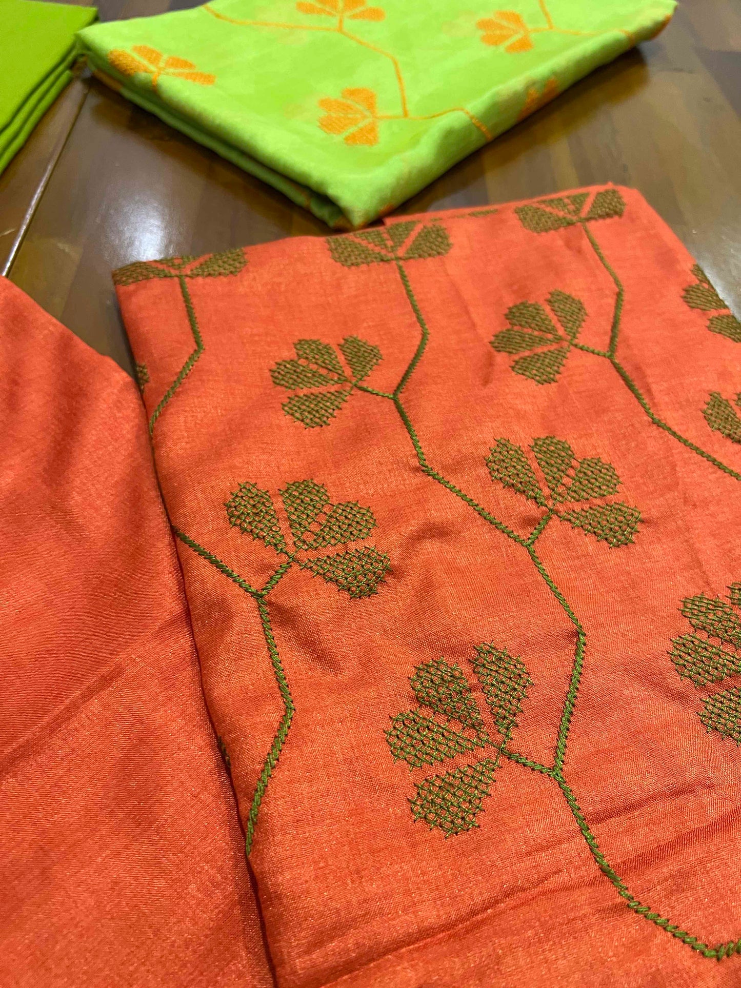 Southloom™ Semi Tussar Churidar Salwar Suit Material in Orange with Thread Work