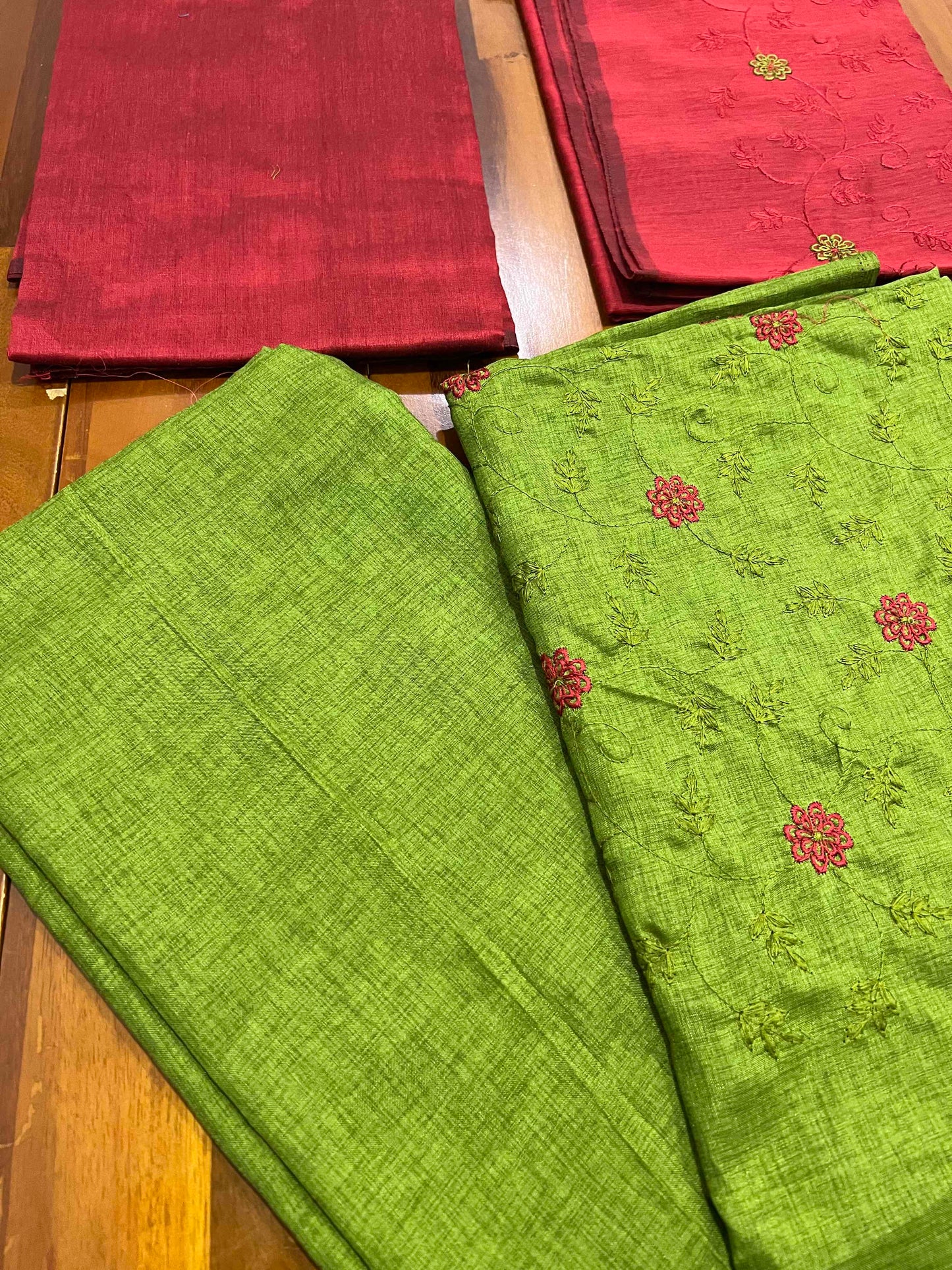 Southloom™ Semi Tussar Churidar Salwar Suit Material in Green with Thread Work