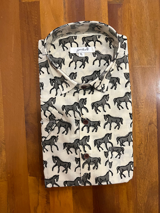 Southloom Jaipur Cotton Grey Horse Hand Block Printed Shirt (Half Sleeves)