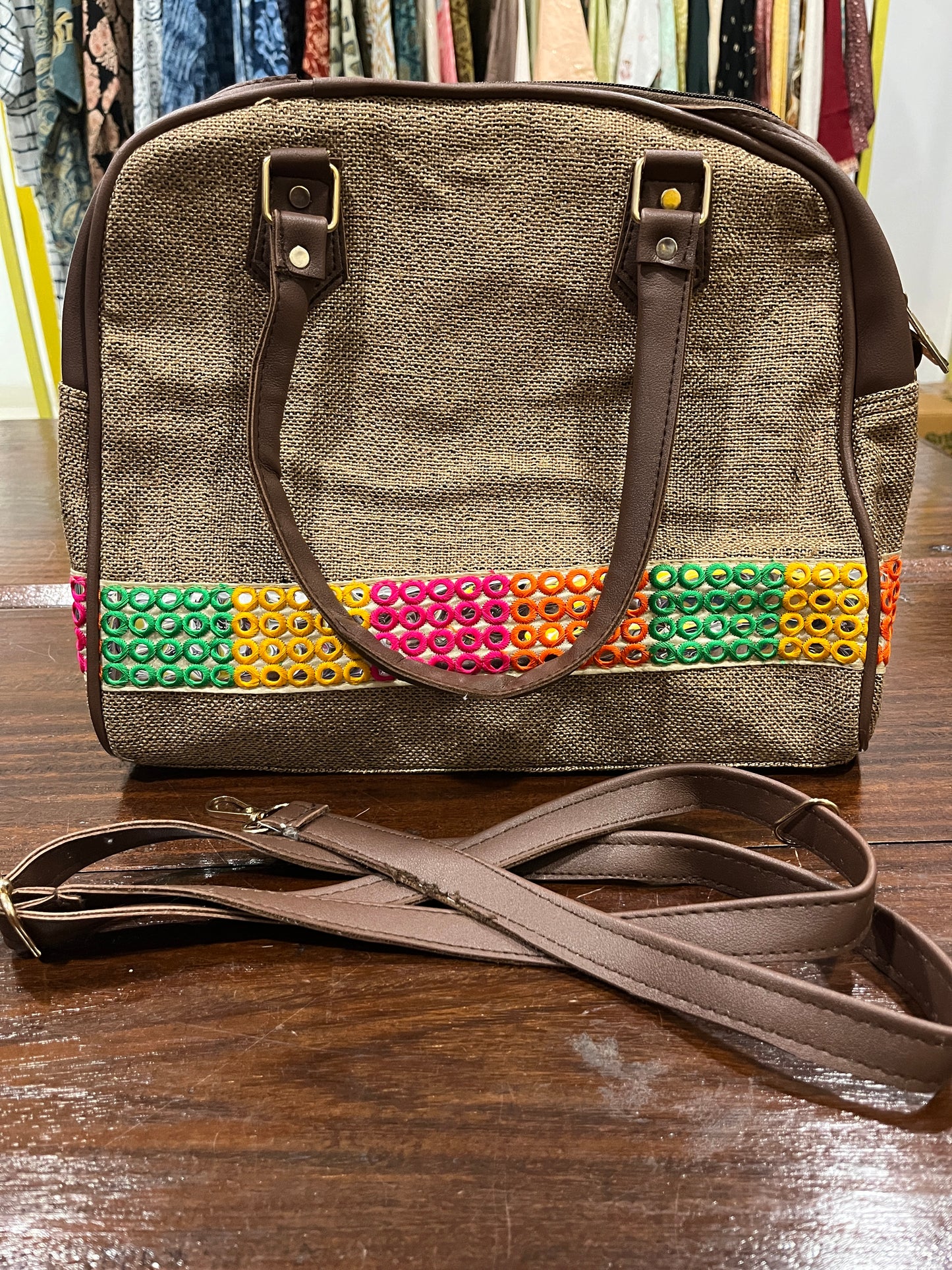 Southloom™ Handmade Brown Sling Handbag with Mirror Work