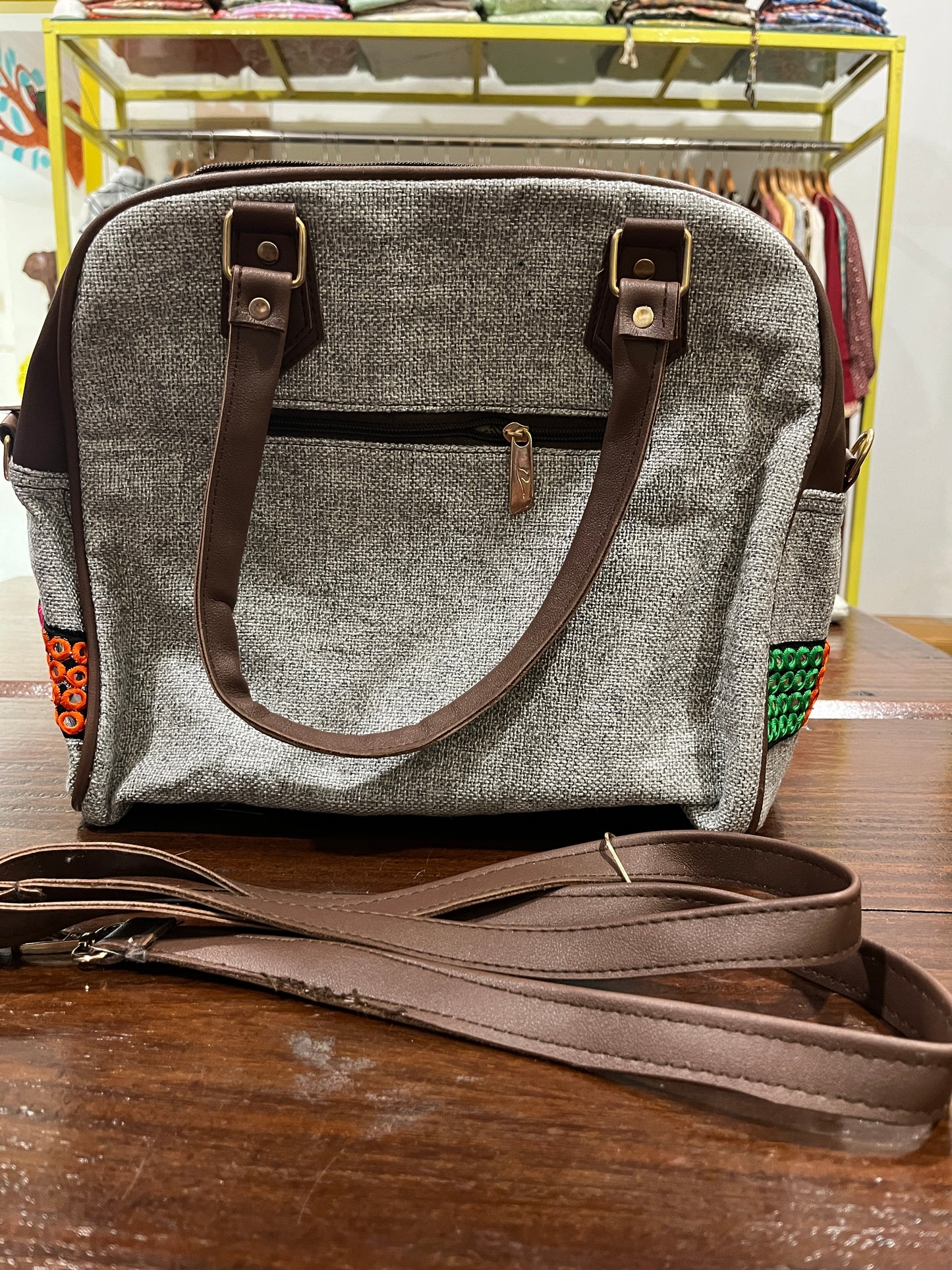 Southloom™ Handmade Grey Sling Handbag with Mirror Work