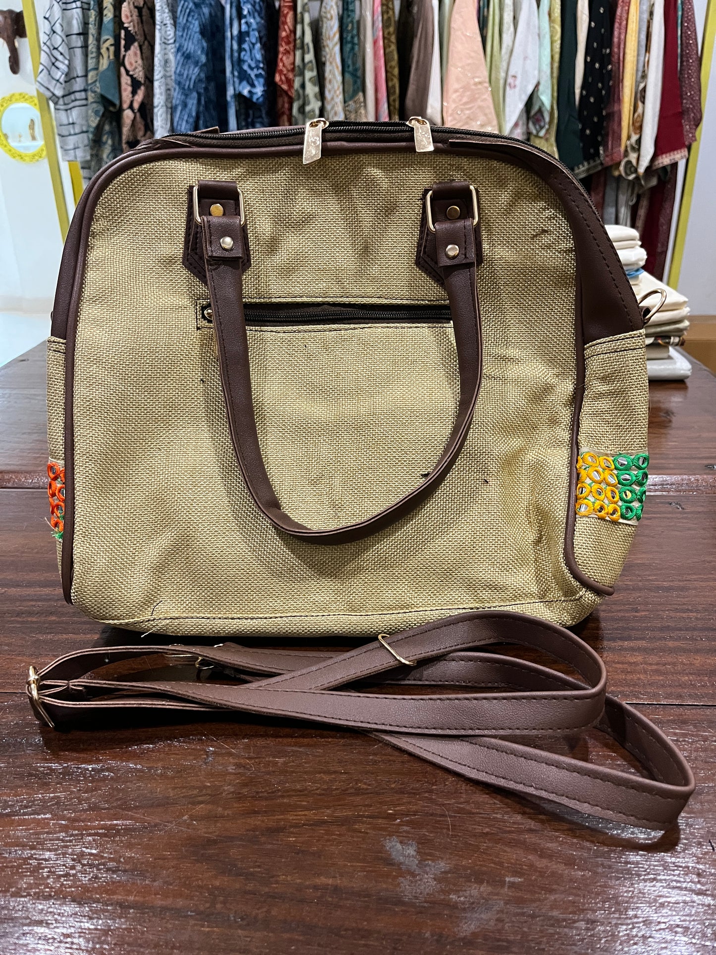 Southloom™ Handmade Light Brown Sling Handbag with Mirror Work