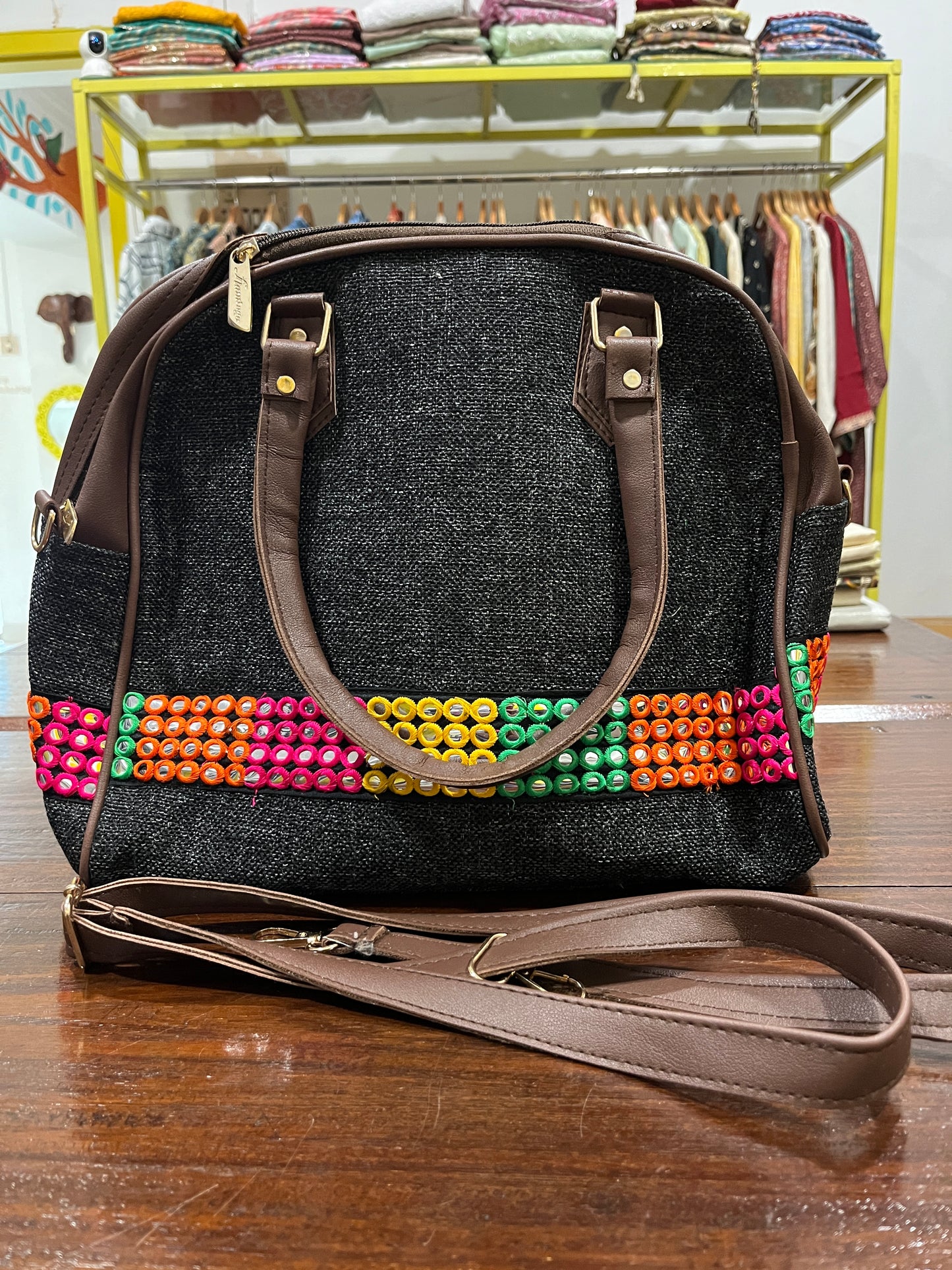 Southloom™ Handmade Black Sling Handbag with Mirror Work