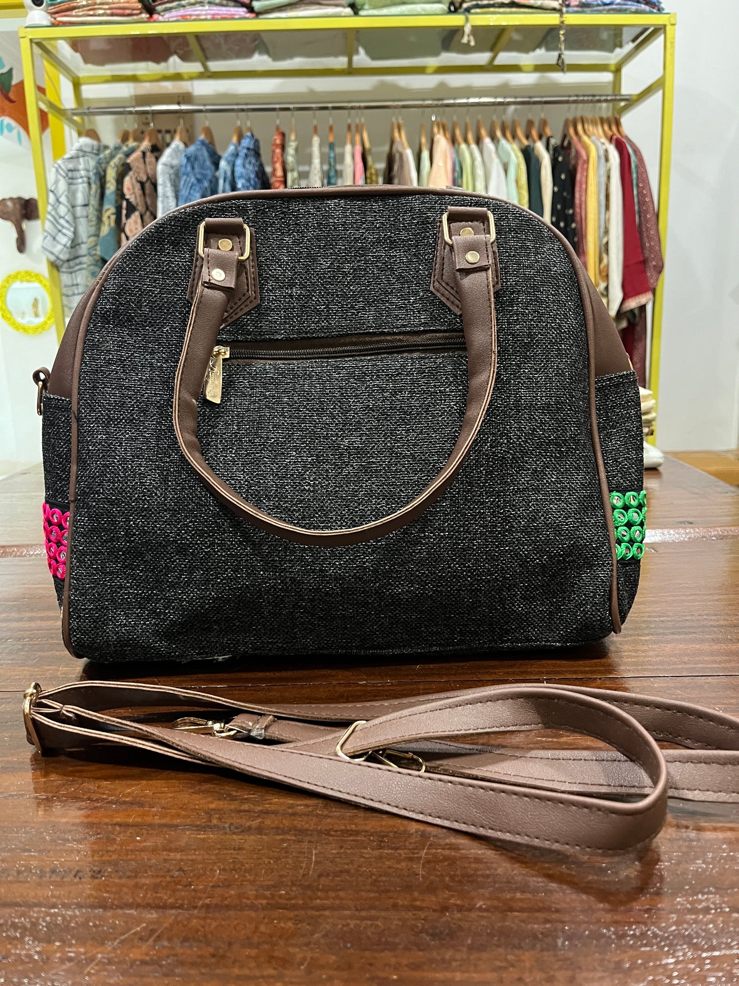 Southloom™ Handmade Black Sling Handbag with Mirror Work